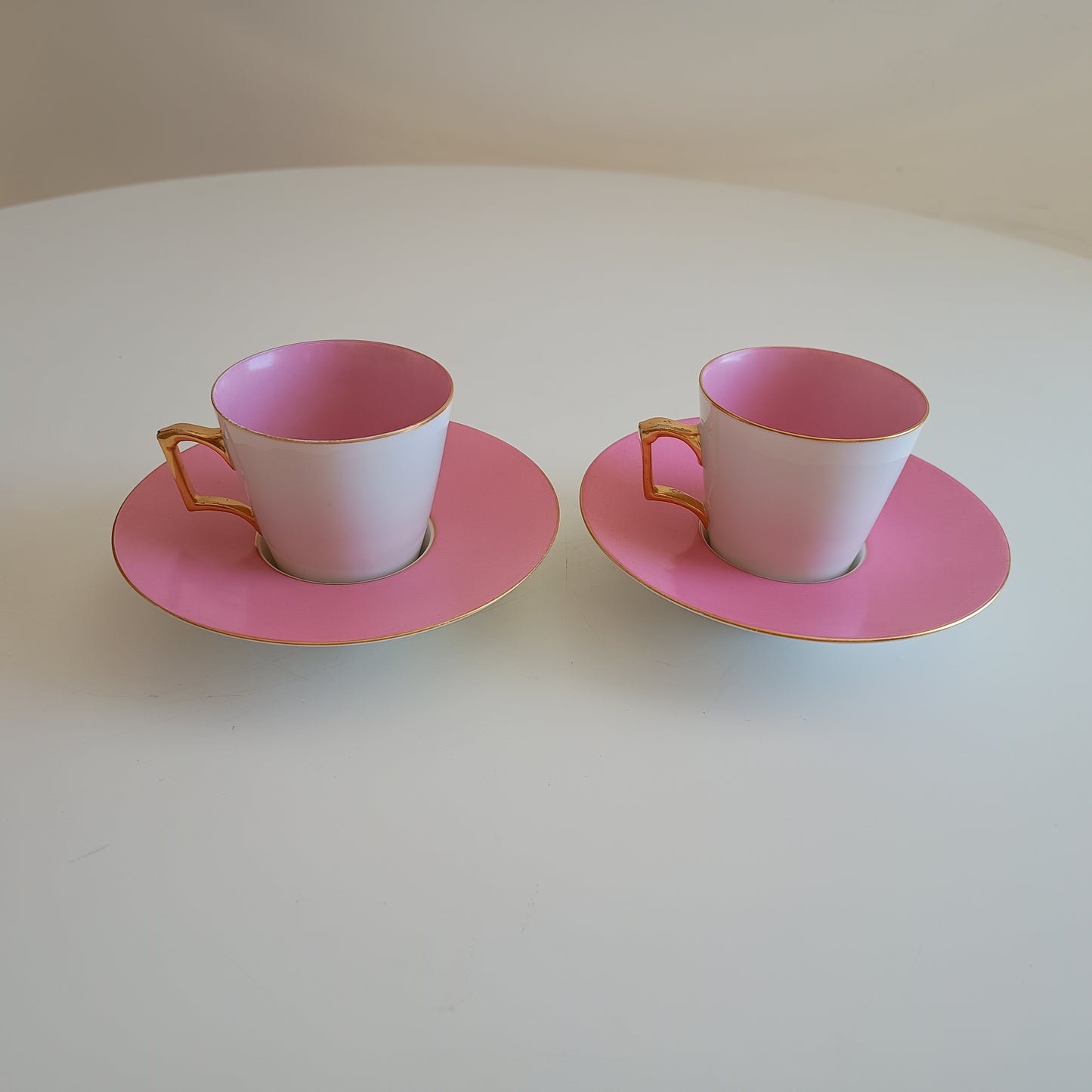 Vintage Trembleuse Tea / Chocolate Cups & Saucers: Pink and White Pair, Gilt Handles