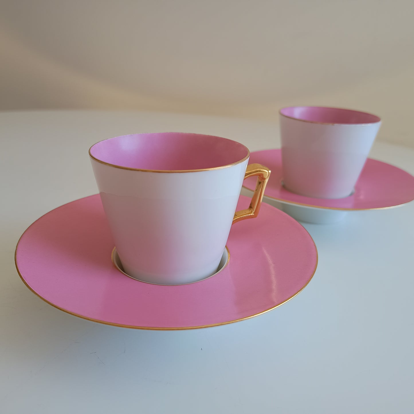 Vintage Trembleuse Tea / Chocolate Cups & Saucers: Pink and White Pair, Gilt Handles