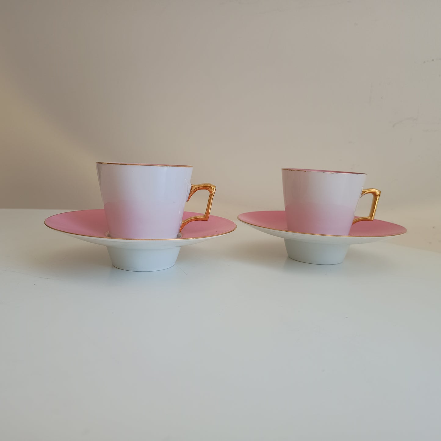 Vintage Trembleuse Tea / Chocolate Cups & Saucers: Pink and White Pair, Gilt Handles