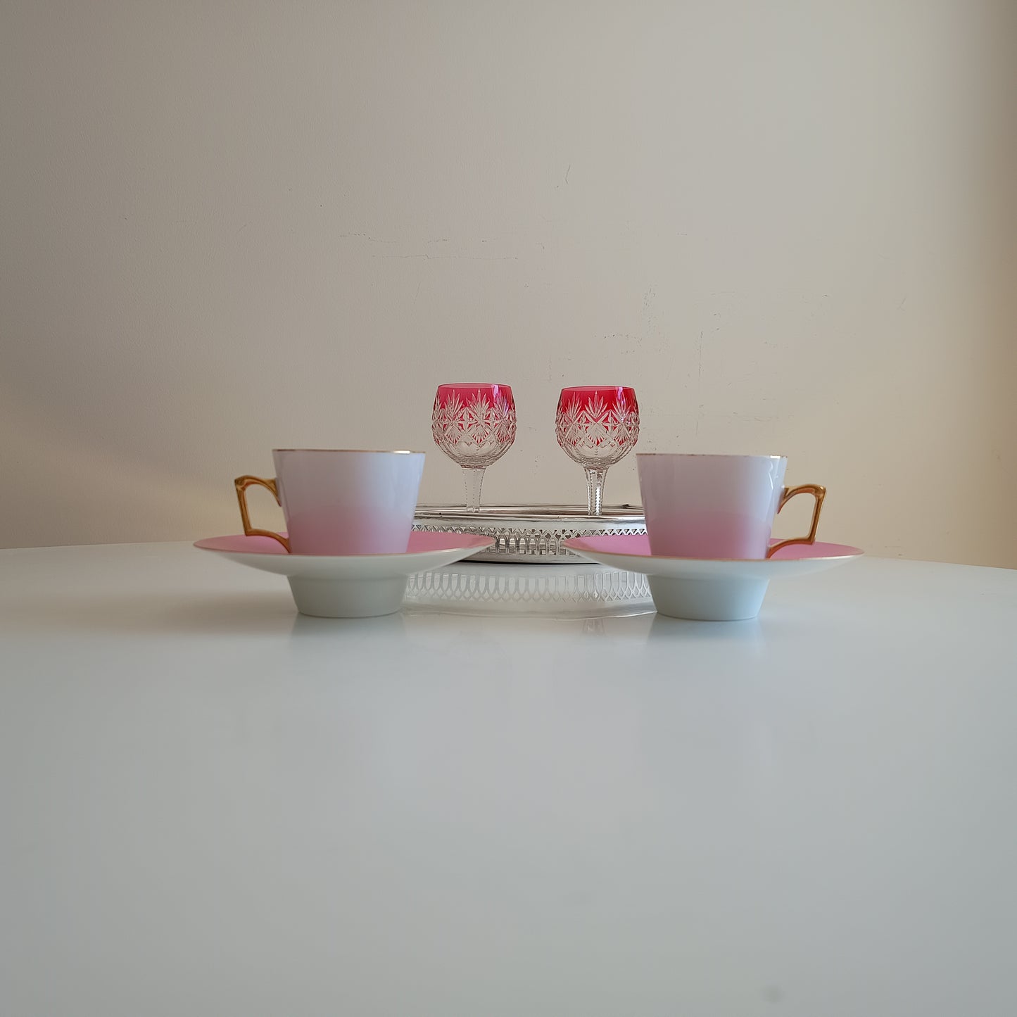 Vintage Trembleuse Tea / Chocolate Cups & Saucers: Pink and White Pair, Gilt Handles