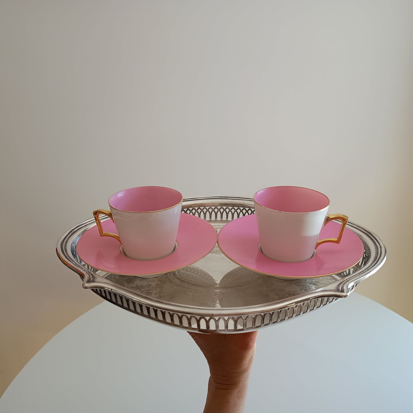 Vintage Trembleuse Tea / Chocolate Cups & Saucers: Pink and White Pair, Gilt Handles