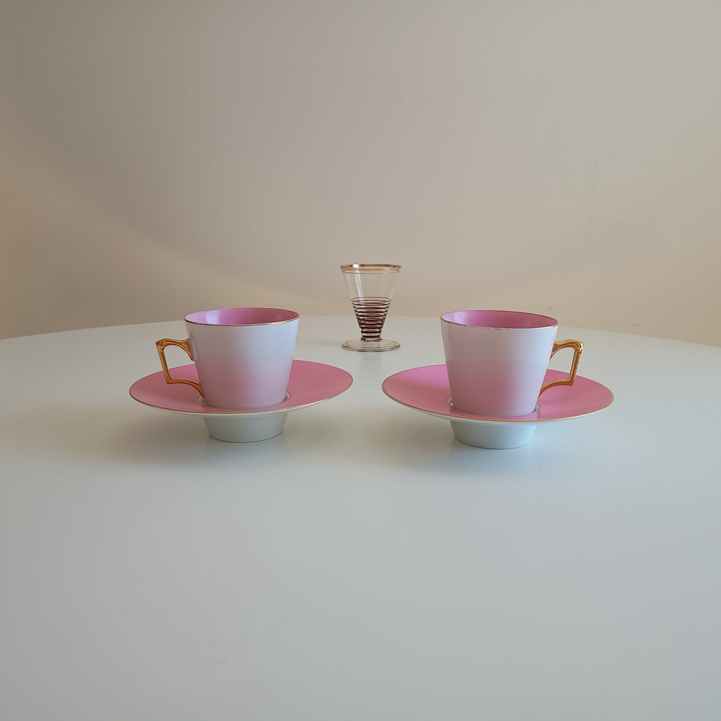 Vintage Trembleuse Tea / Chocolate Cups & Saucers: Pink and White Pair, Gilt Handles