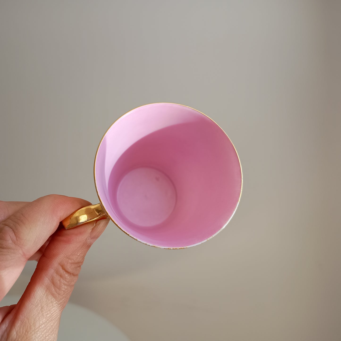 Vintage Trembleuse Tea / Chocolate Cups & Saucers: Pink and White Pair, Gilt Handles