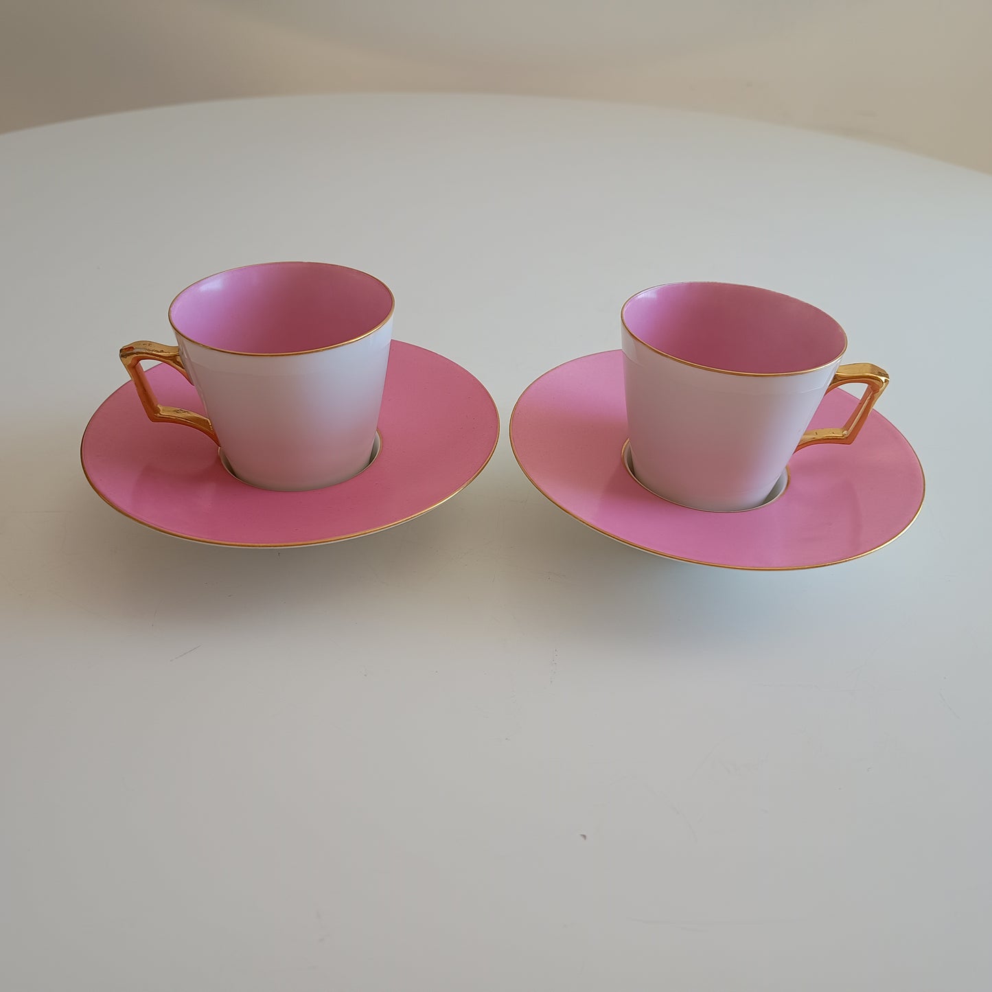 Vintage Trembleuse Tea / Chocolate Cups & Saucers: Pink and White Pair, Gilt Handles
