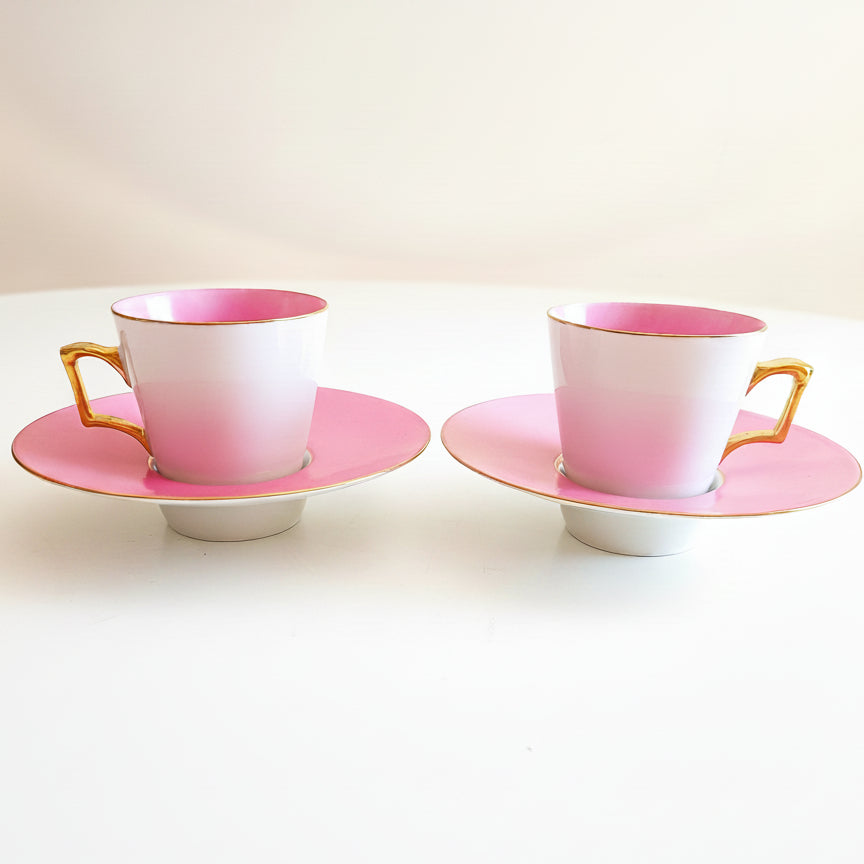 Vintage Trembleuse Tea / Chocolate Cups & Saucers: Pink and White Pair, Gilt Handles
