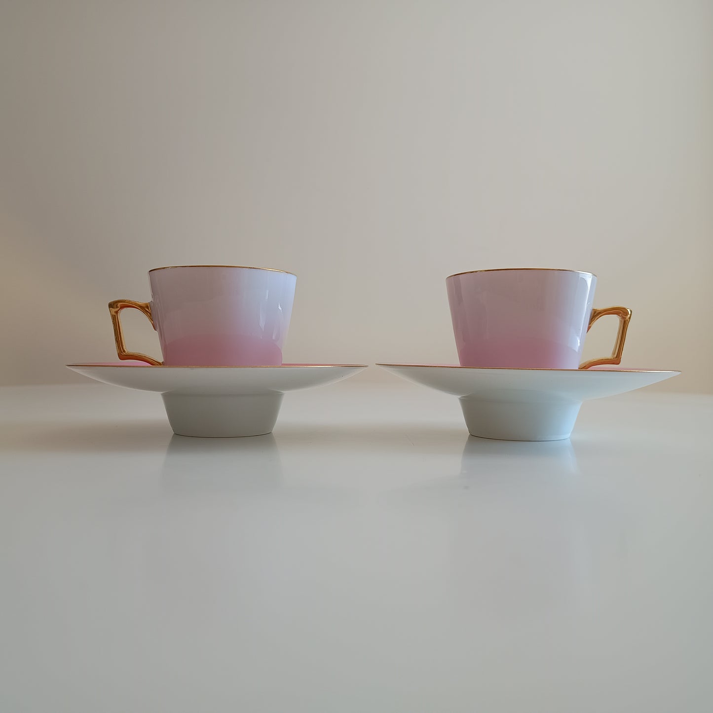 Vintage Trembleuse Tea / Chocolate Cups & Saucers: Pink and White Pair, Gilt Handles