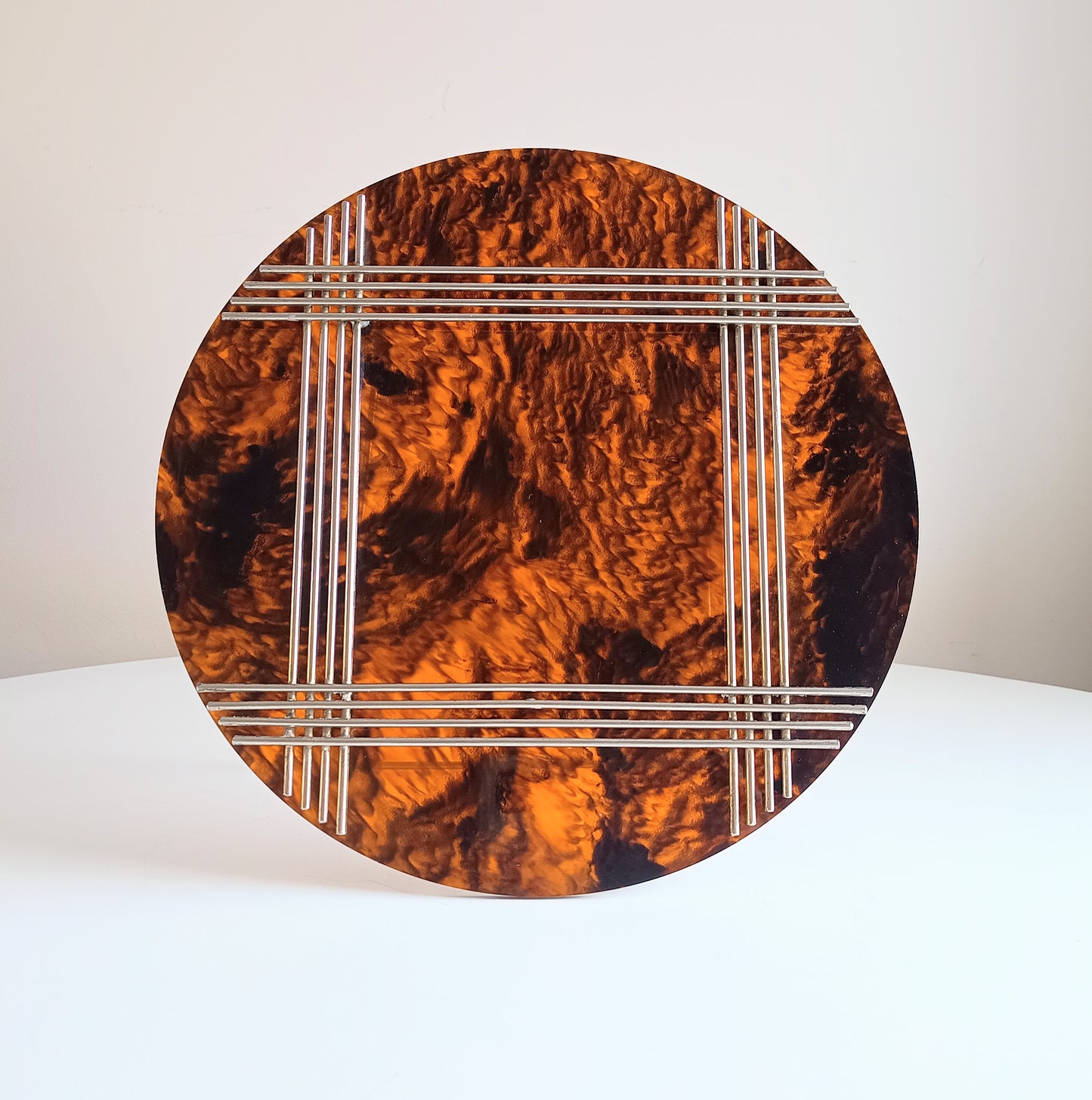 Large Vintage Midcentury Modern Round Tortoiseshell Lucite Tabletop Frame in the style of Christian Dior Home