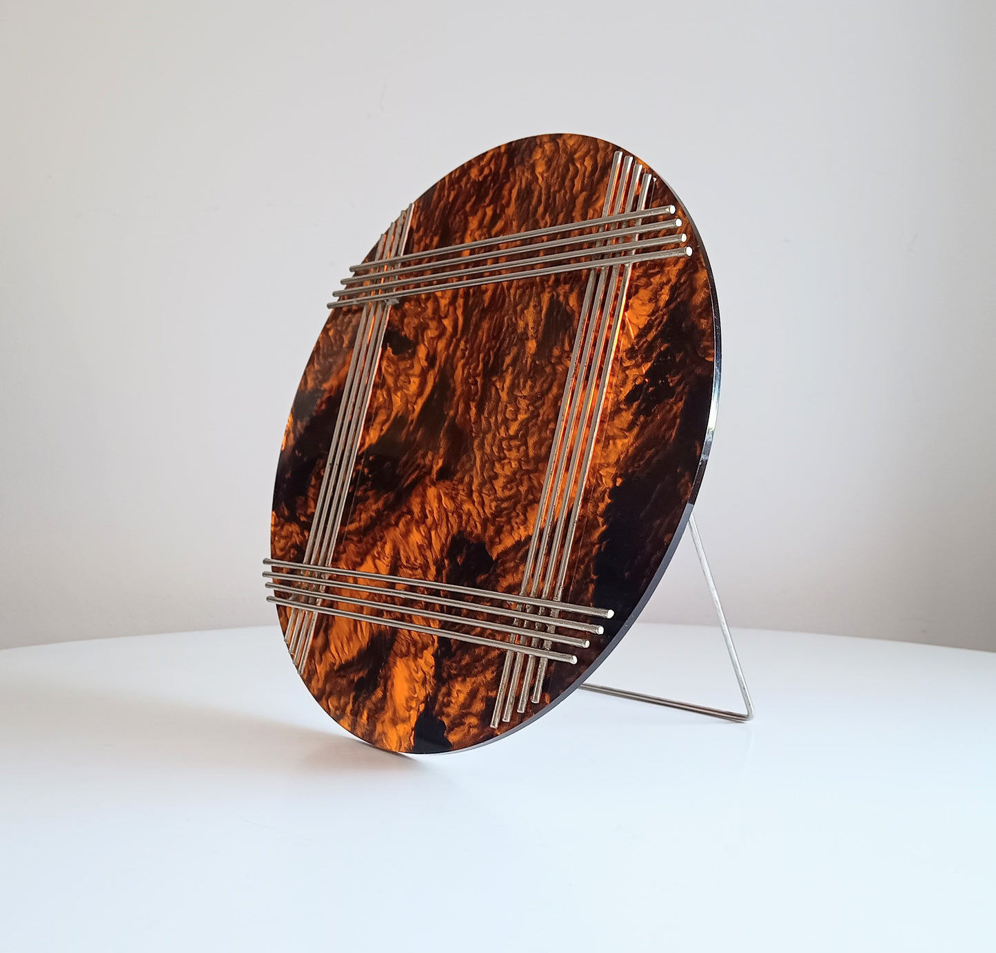 Large Vintage Midcentury Modern Round Tortoiseshell Lucite Tabletop Frame in the style of Christian Dior Home