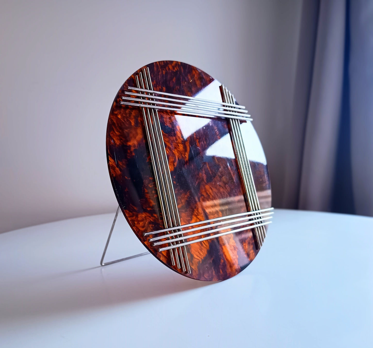 Large Vintage Midcentury Modern Round Tortoiseshell Lucite Tabletop Frame in the style of Christian Dior Home