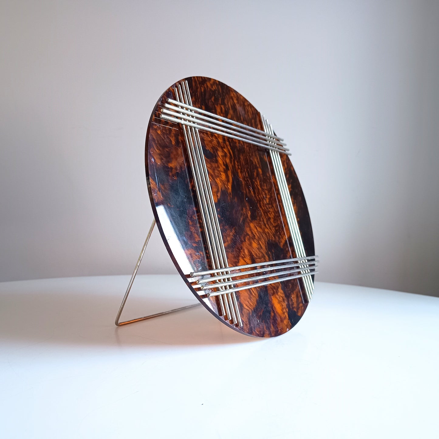 Large Vintage Midcentury Modern Round Tortoiseshell Lucite Tabletop Frame in the style of Christian Dior Home