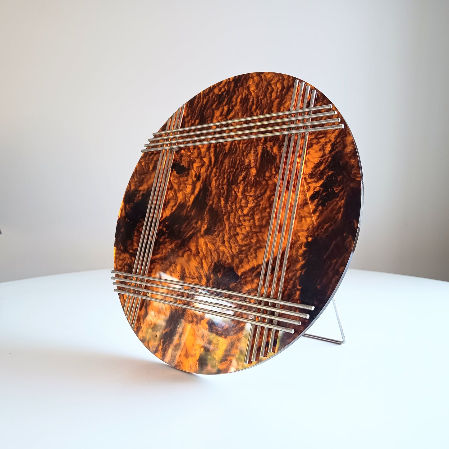 Large Vintage Midcentury Modern Round Tortoiseshell Lucite Tabletop Frame in the style of Christian Dior Home