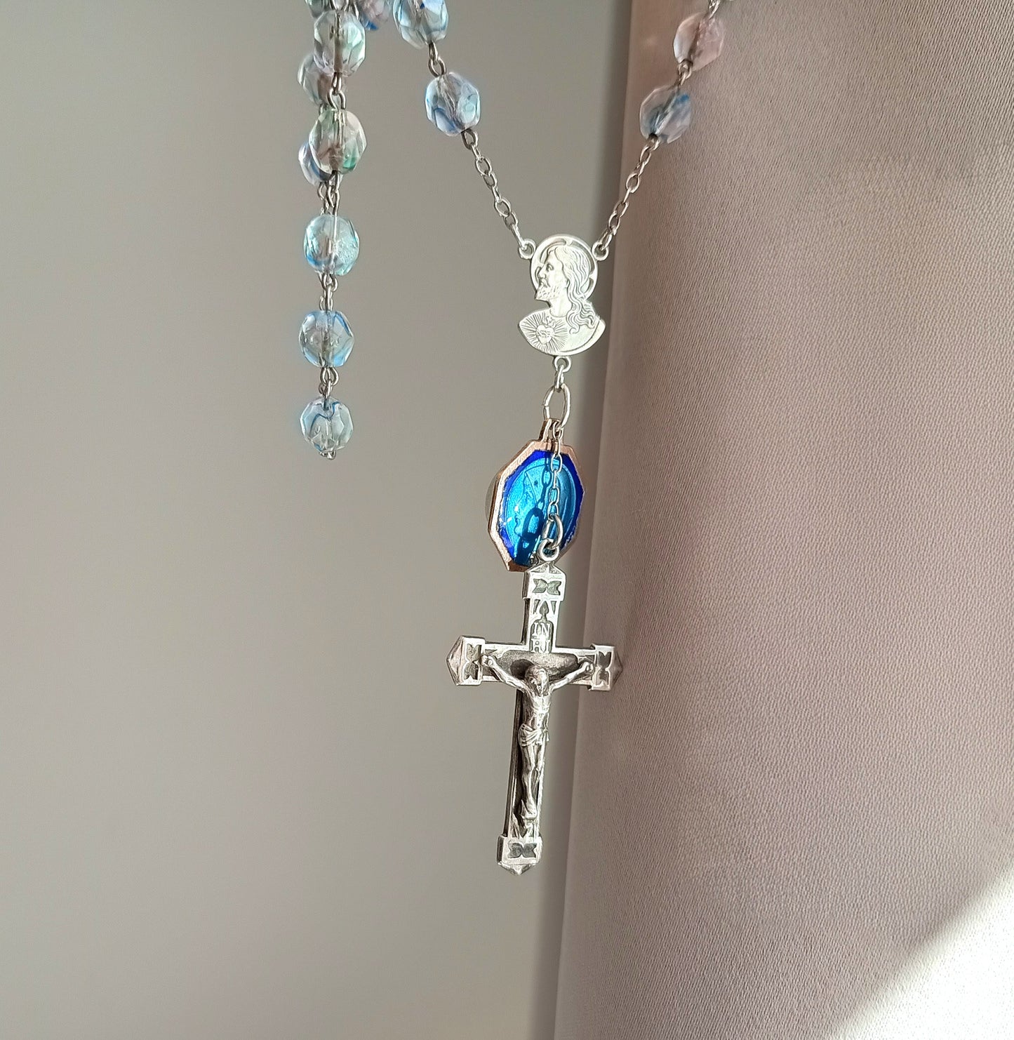 Vintage Sterling Rosary Crucifix: Faceted Iris Glass Beads, Guilloche Reliquary Medal