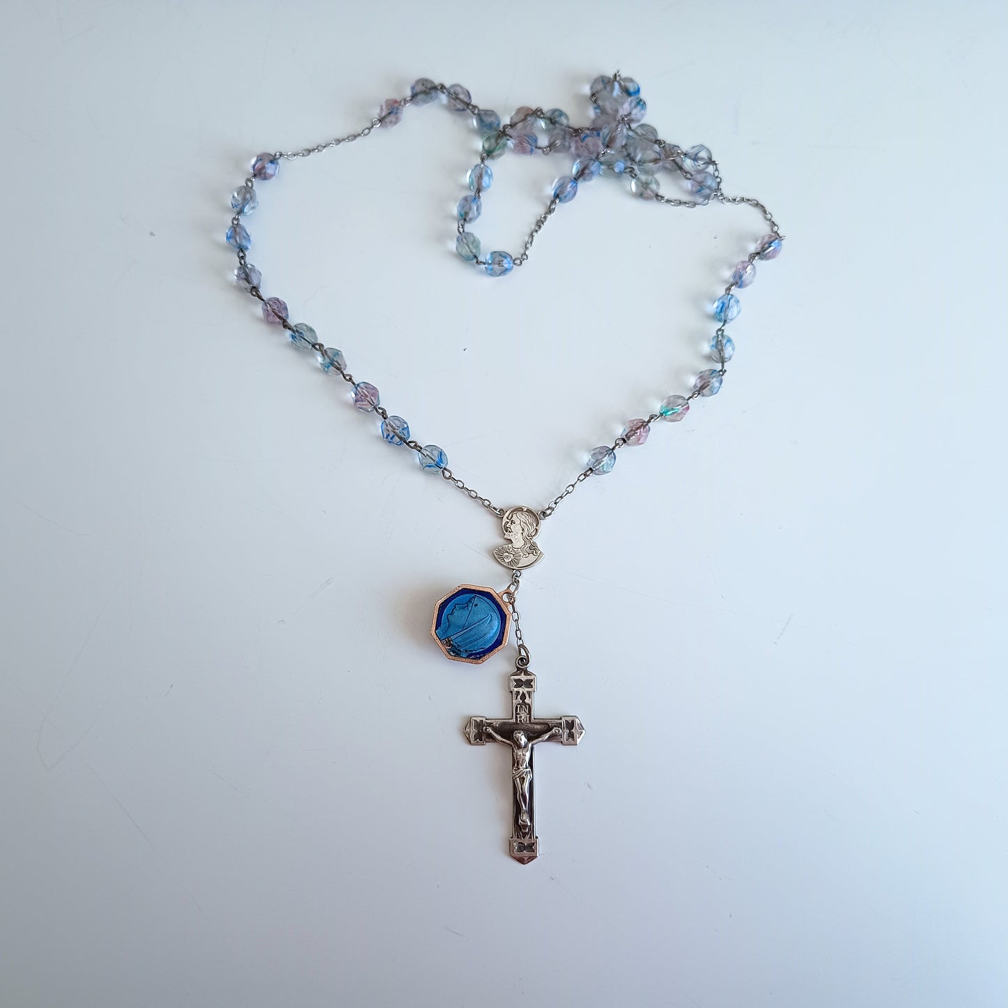 Vintage Sterling Rosary Crucifix: Faceted Iris Glass Beads, Guilloche Reliquary Medal