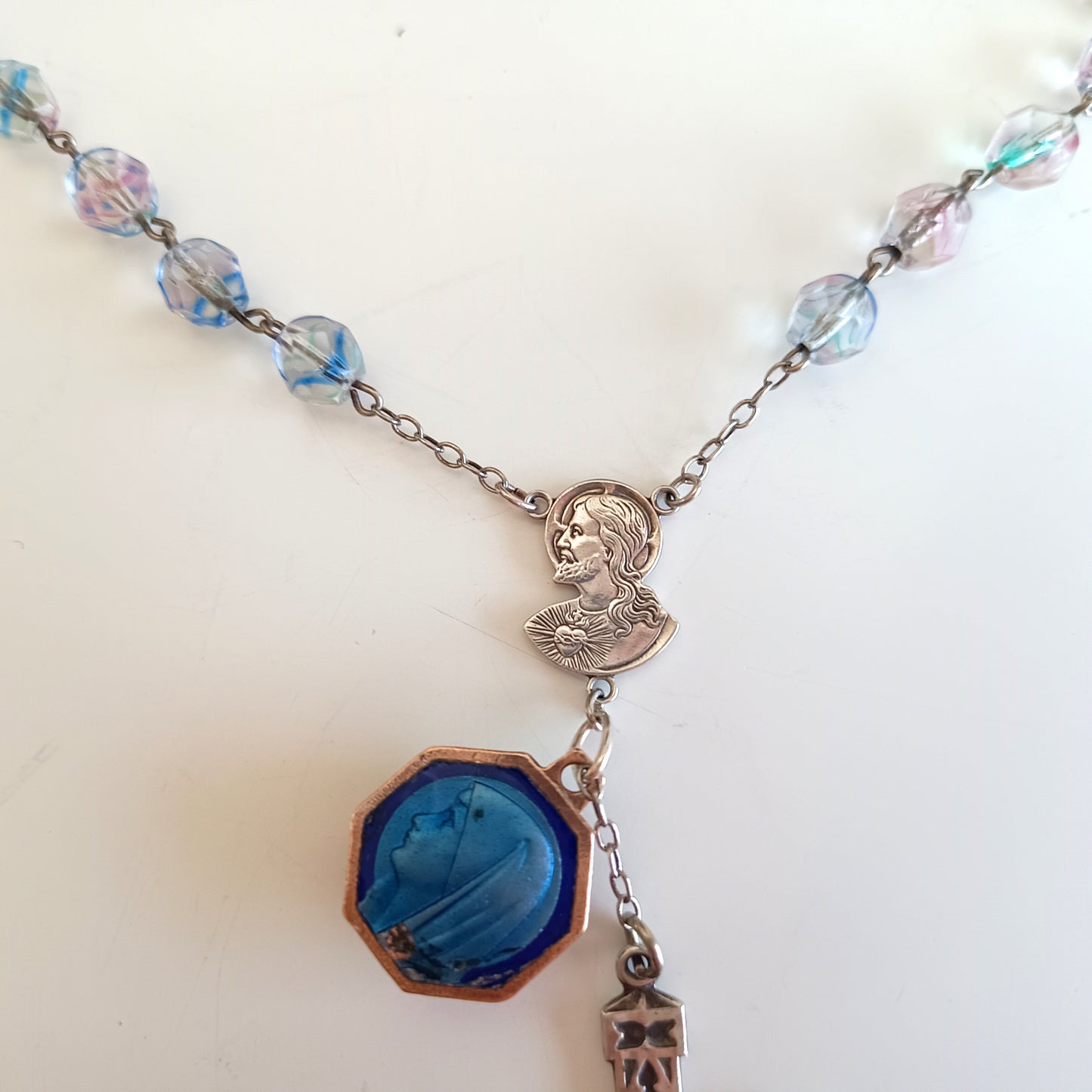 Vintage Sterling Rosary Crucifix: Faceted Iris Glass Beads, Guilloche Reliquary Medal