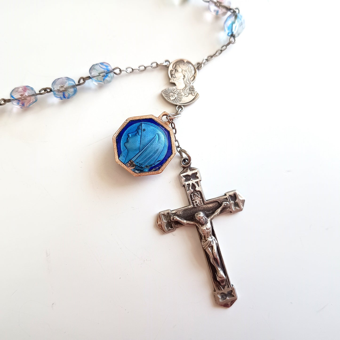 Vintage Sterling Rosary Crucifix: Faceted Iris Glass Beads, Guilloche Reliquary Medal