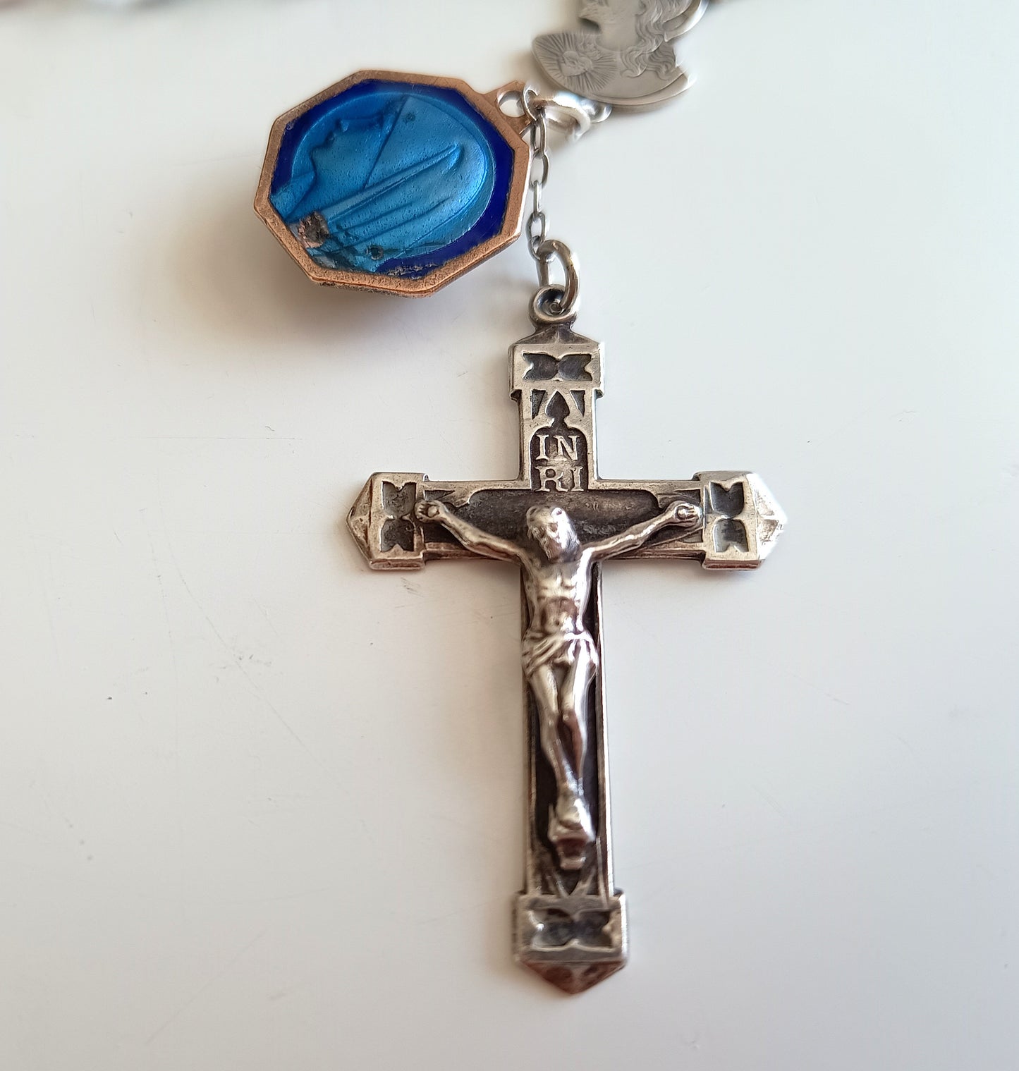 Vintage Sterling Rosary Crucifix: Faceted Iris Glass Beads, Guilloche Reliquary Medal