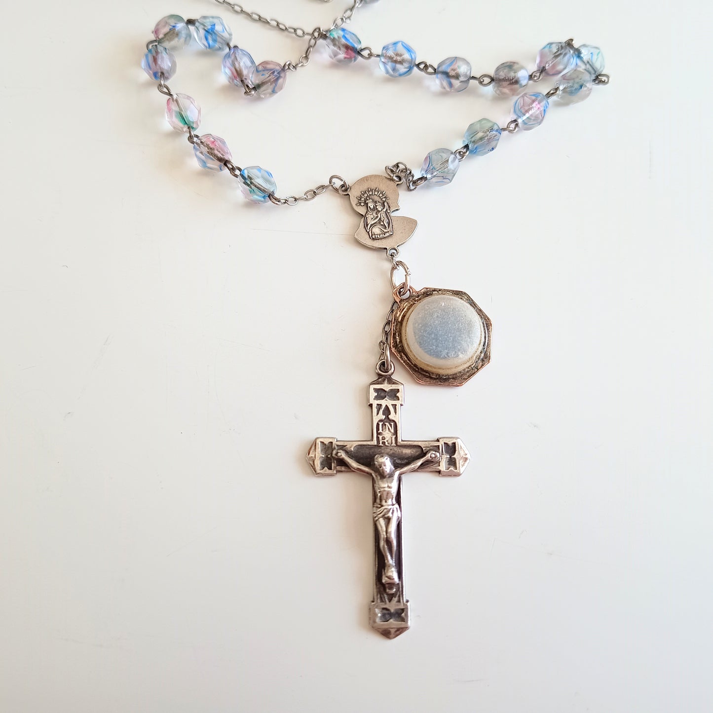 Vintage Sterling Rosary Crucifix: Faceted Iris Glass Beads, Guilloche Reliquary Medal