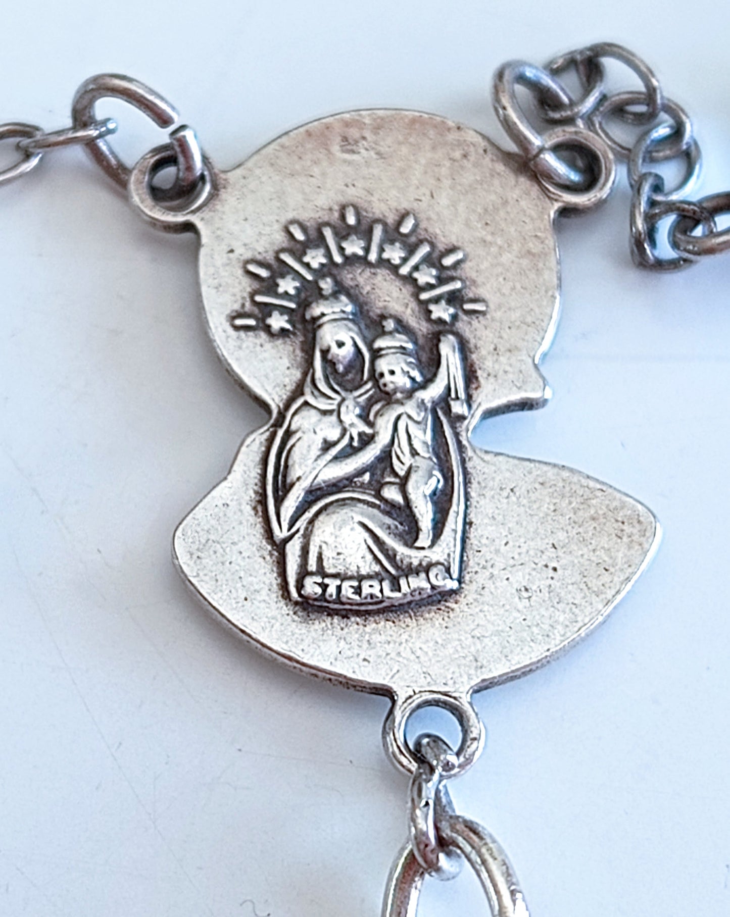 Vintage Sterling Rosary Crucifix: Faceted Iris Glass Beads, Guilloche Reliquary Medal