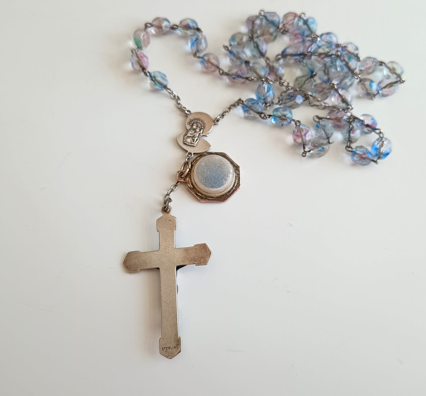 Vintage Sterling Rosary Crucifix: Faceted Iris Glass Beads, Guilloche Reliquary Medal