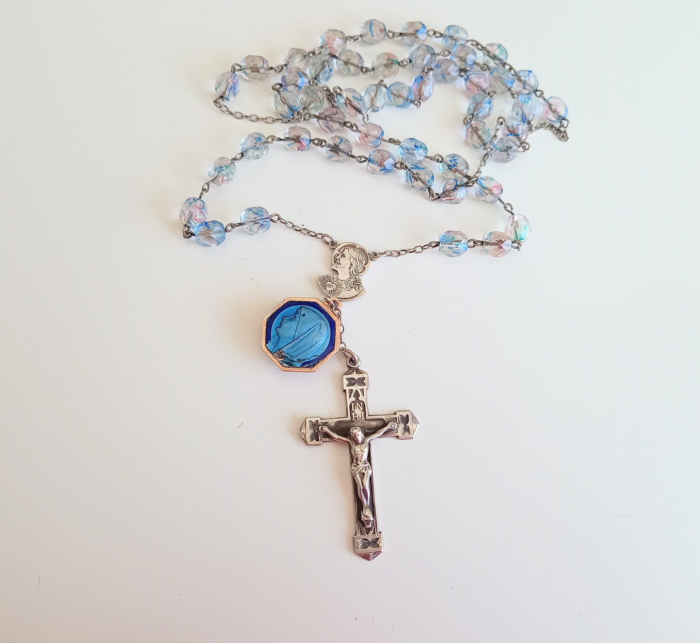 Vintage Sterling Rosary Crucifix: Faceted Iris Glass Beads, Guilloche Reliquary Medal