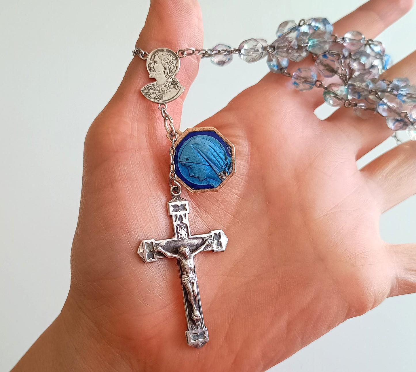 Vintage Sterling Rosary Crucifix: Faceted Iris Glass Beads, Guilloche Reliquary Medal