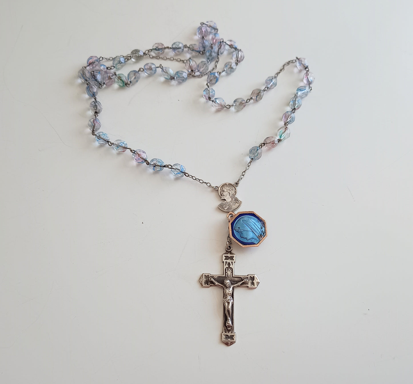 Vintage Sterling Rosary Crucifix: Faceted Iris Glass Beads, Guilloche Reliquary Medal