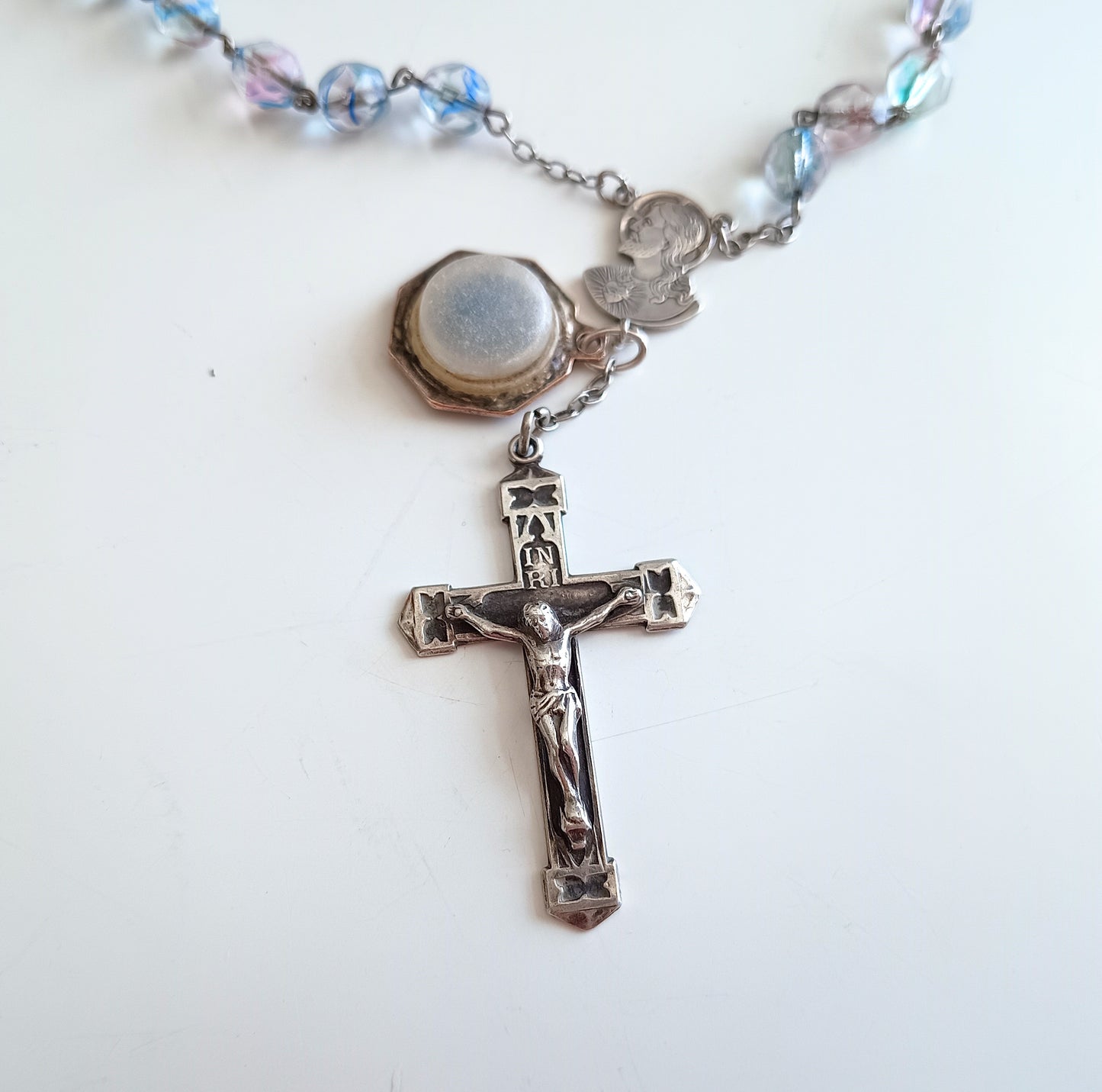 Vintage Sterling Rosary Crucifix: Faceted Iris Glass Beads, Guilloche Reliquary Medal