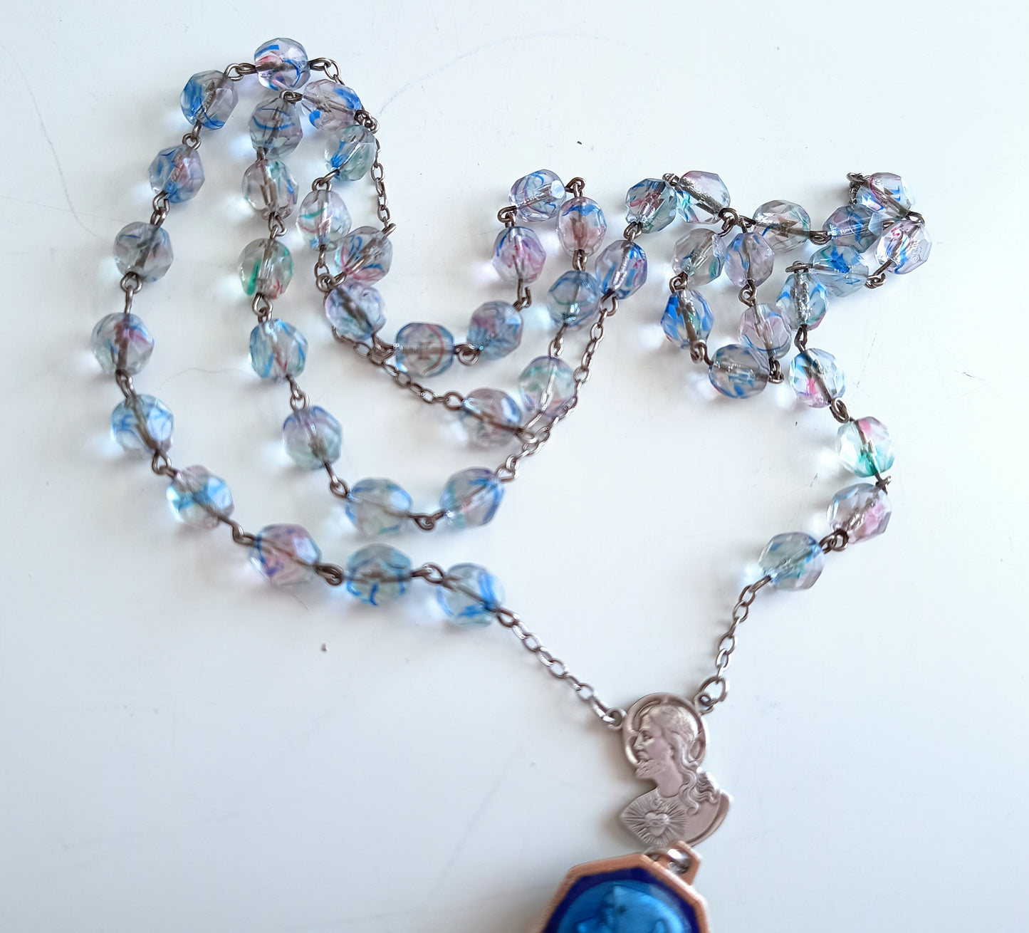 Vintage Sterling Rosary Crucifix: Faceted Iris Glass Beads, Guilloche Reliquary Medal