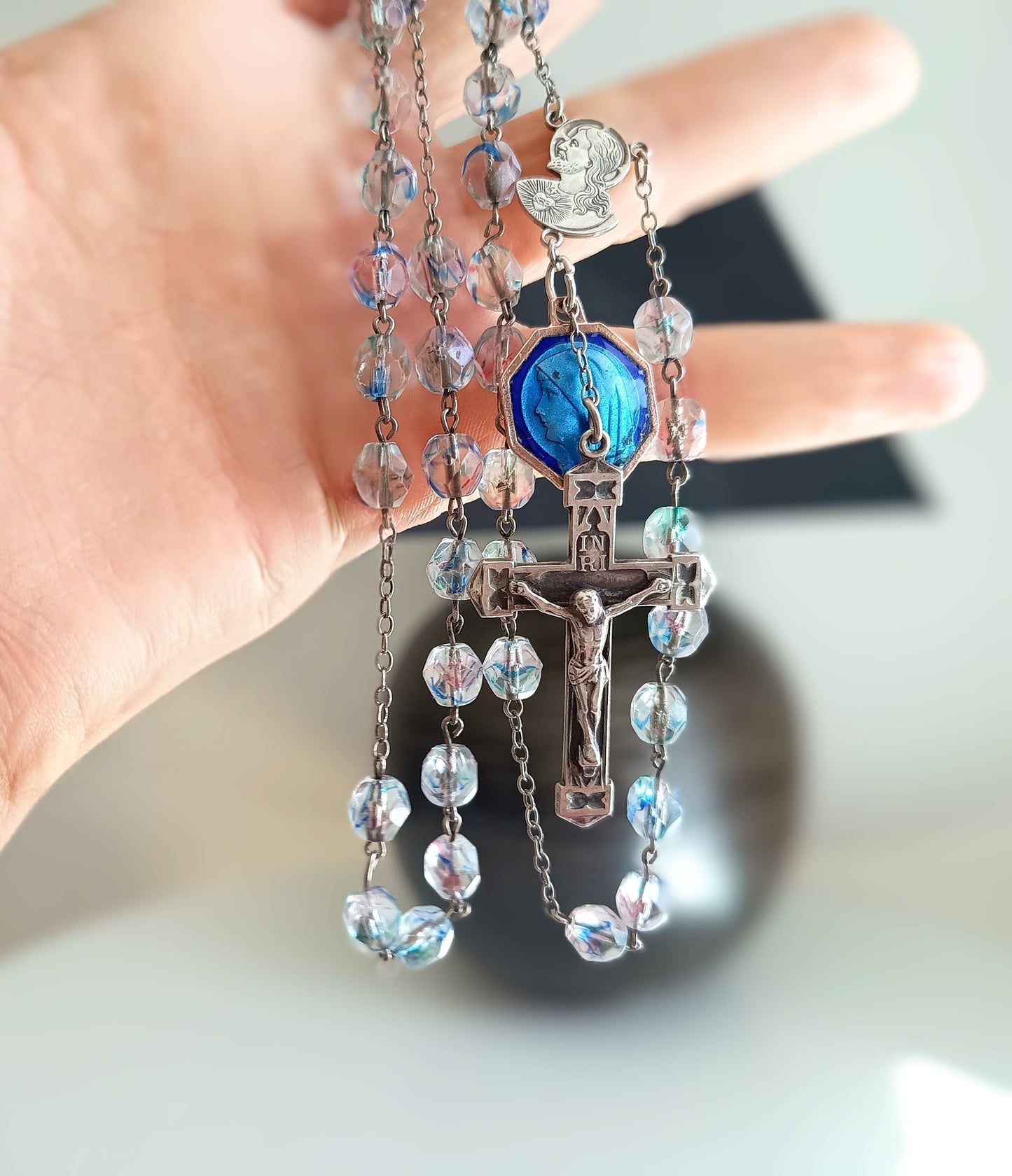 Vintage Sterling Rosary Crucifix: Faceted Iris Glass Beads, Guilloche Reliquary Medal