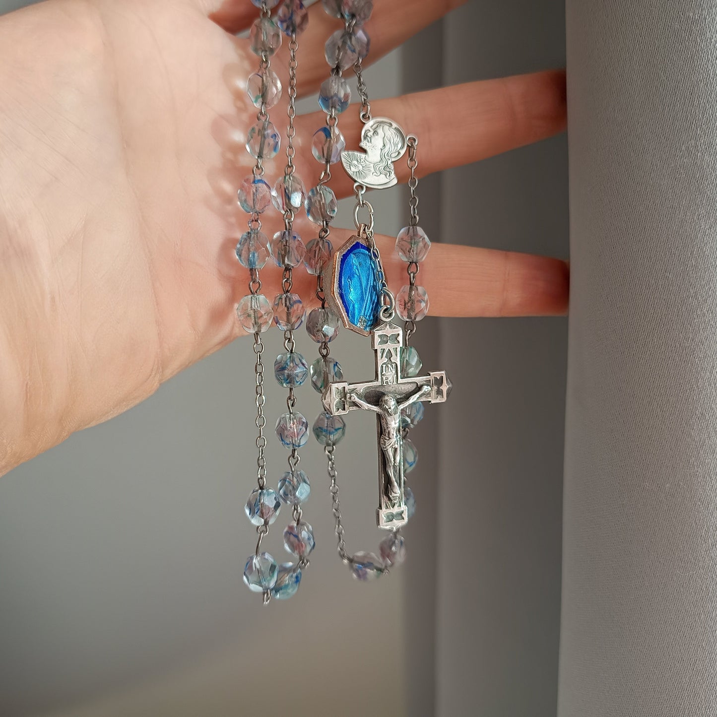 Vintage Sterling Rosary Crucifix: Faceted Iris Glass Beads, Guilloche Reliquary Medal