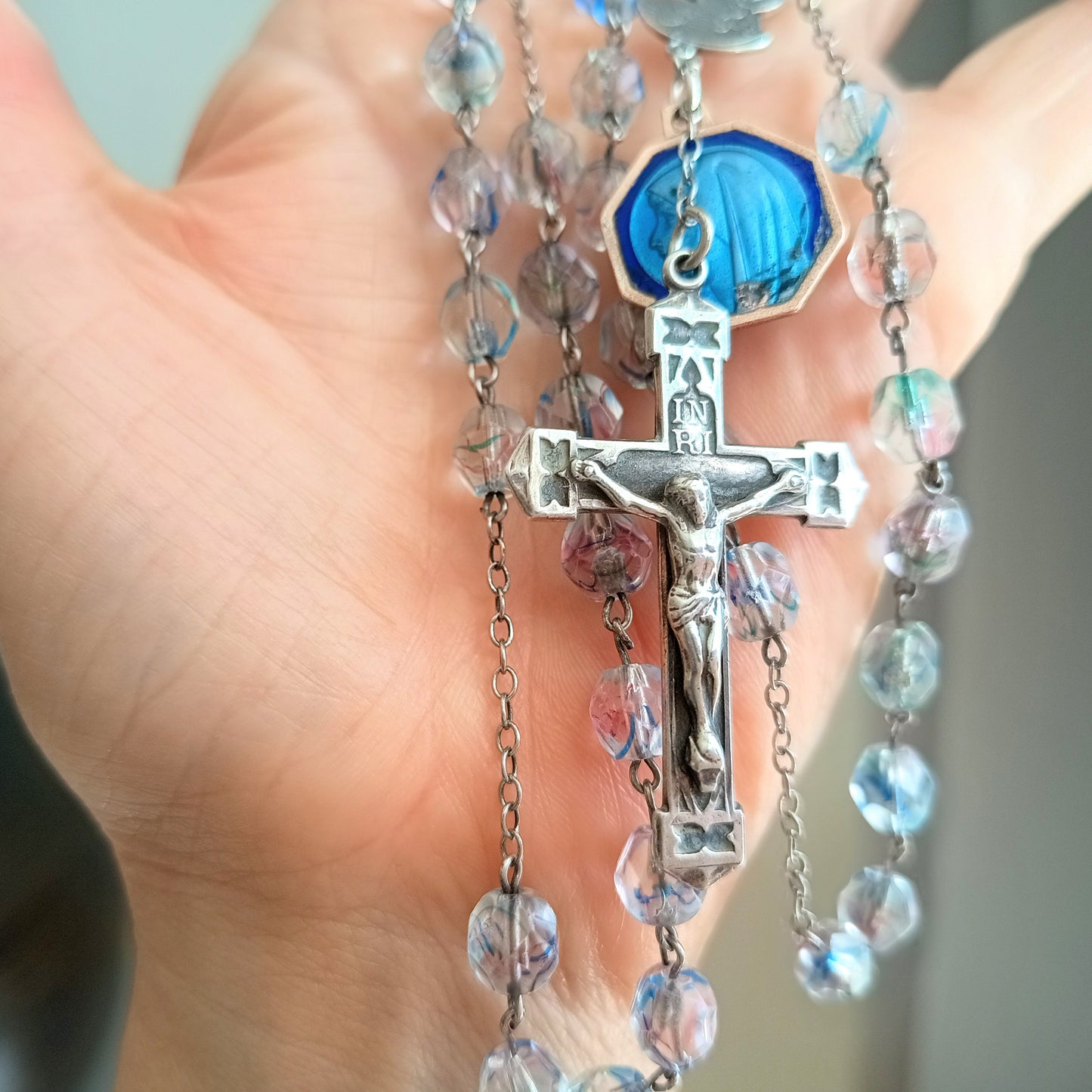 Vintage Sterling Rosary Crucifix: Faceted Iris Glass Beads, Guilloche Reliquary Medal