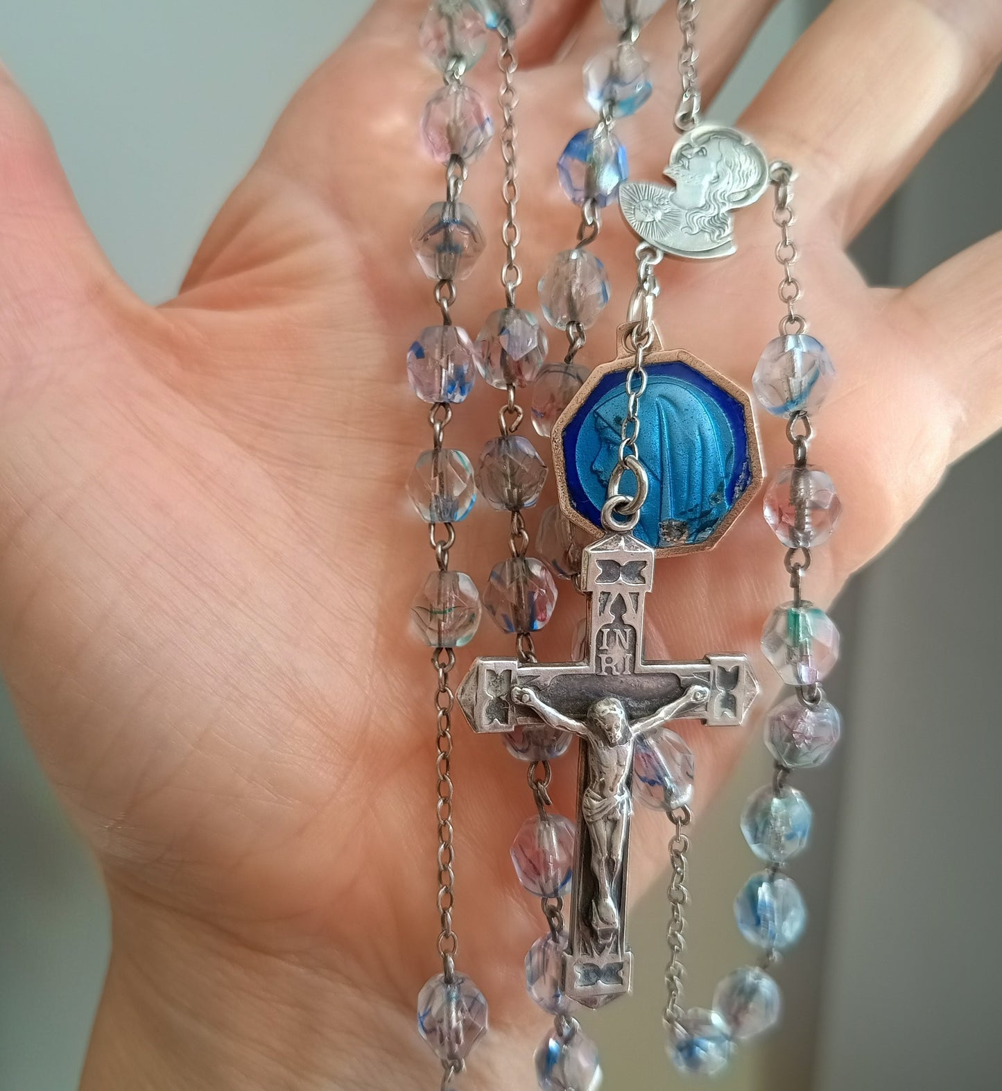Vintage Sterling Rosary Crucifix: Faceted Iris Glass Beads, Guilloche Reliquary Medal