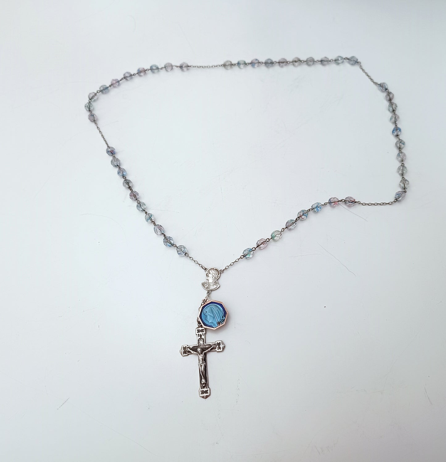 Vintage Sterling Rosary Crucifix: Faceted Iris Glass Beads, Guilloche Reliquary Medal