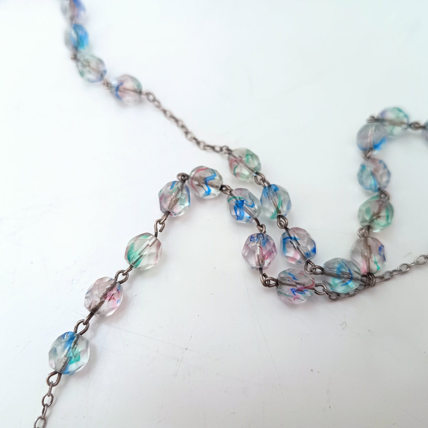 Vintage Sterling Rosary Crucifix: Faceted Iris Glass Beads, Guilloche Reliquary Medal