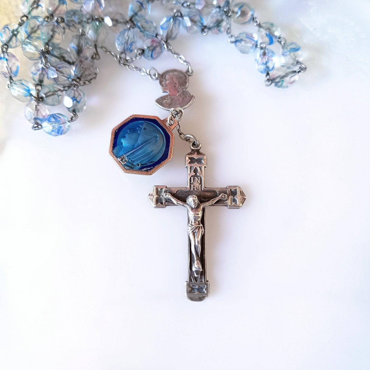 Vintage Sterling Rosary Crucifix: Faceted Iris Glass Beads, Guilloche Reliquary Medal