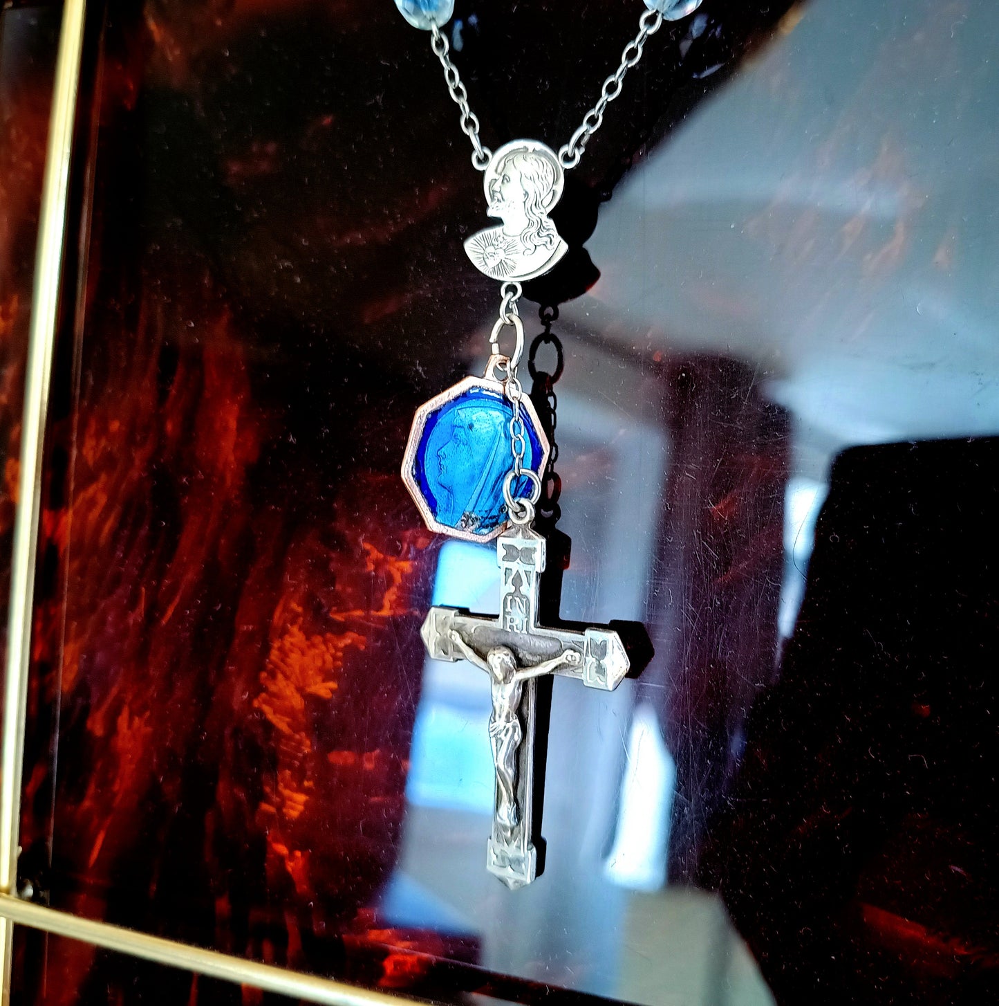 Vintage Sterling Rosary Crucifix: Faceted Iris Glass Beads, Guilloche Reliquary Medal