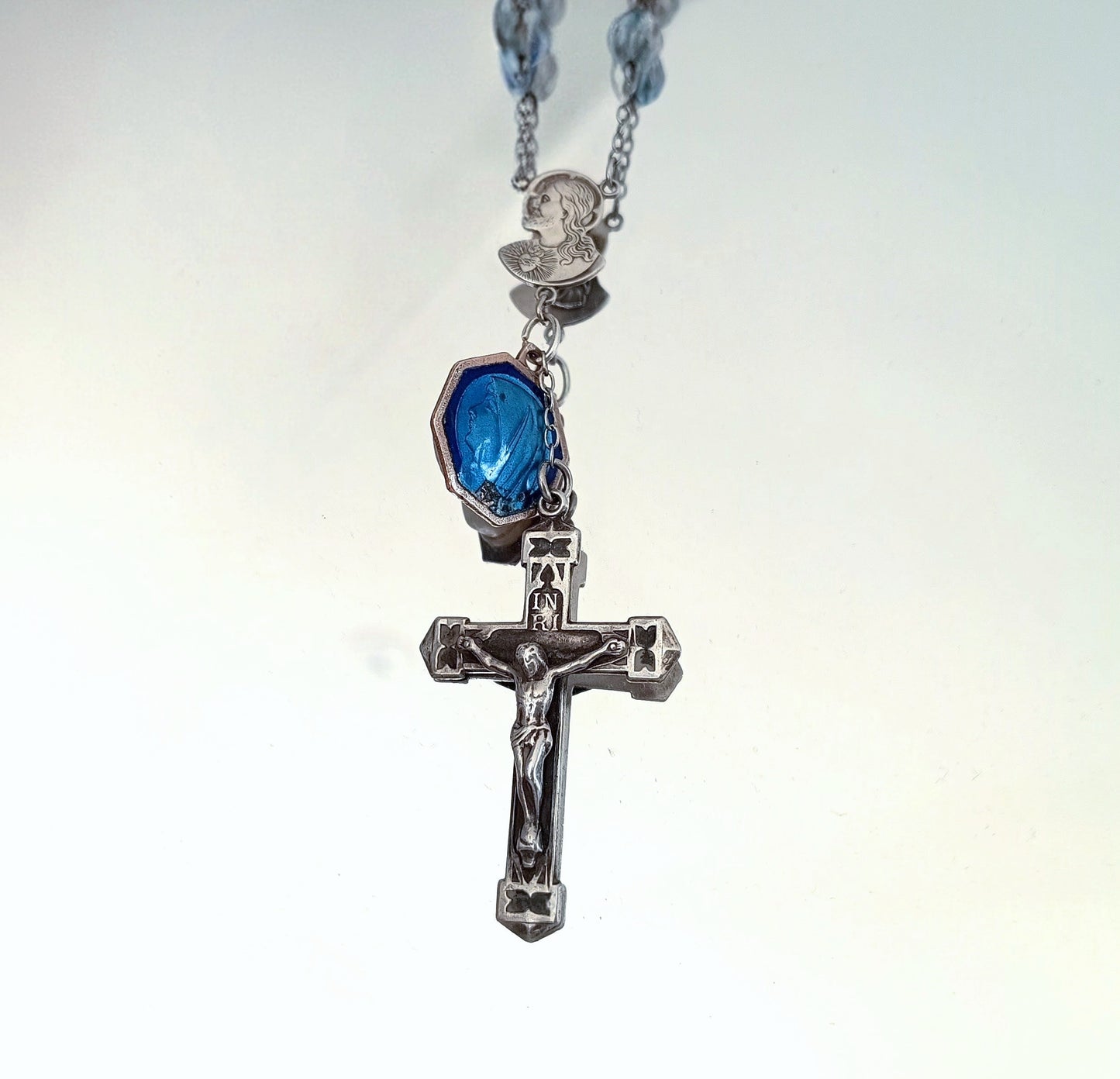 Vintage Sterling Rosary Crucifix: Faceted Iris Glass Beads, Guilloche Reliquary Medal