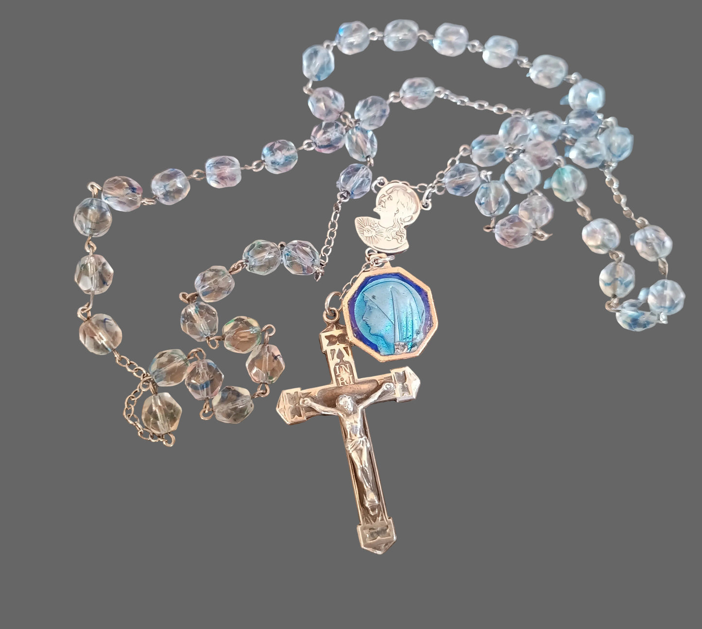 Vintage Sterling Rosary Crucifix: Faceted Iris Glass Beads, Guilloche Reliquary Medal