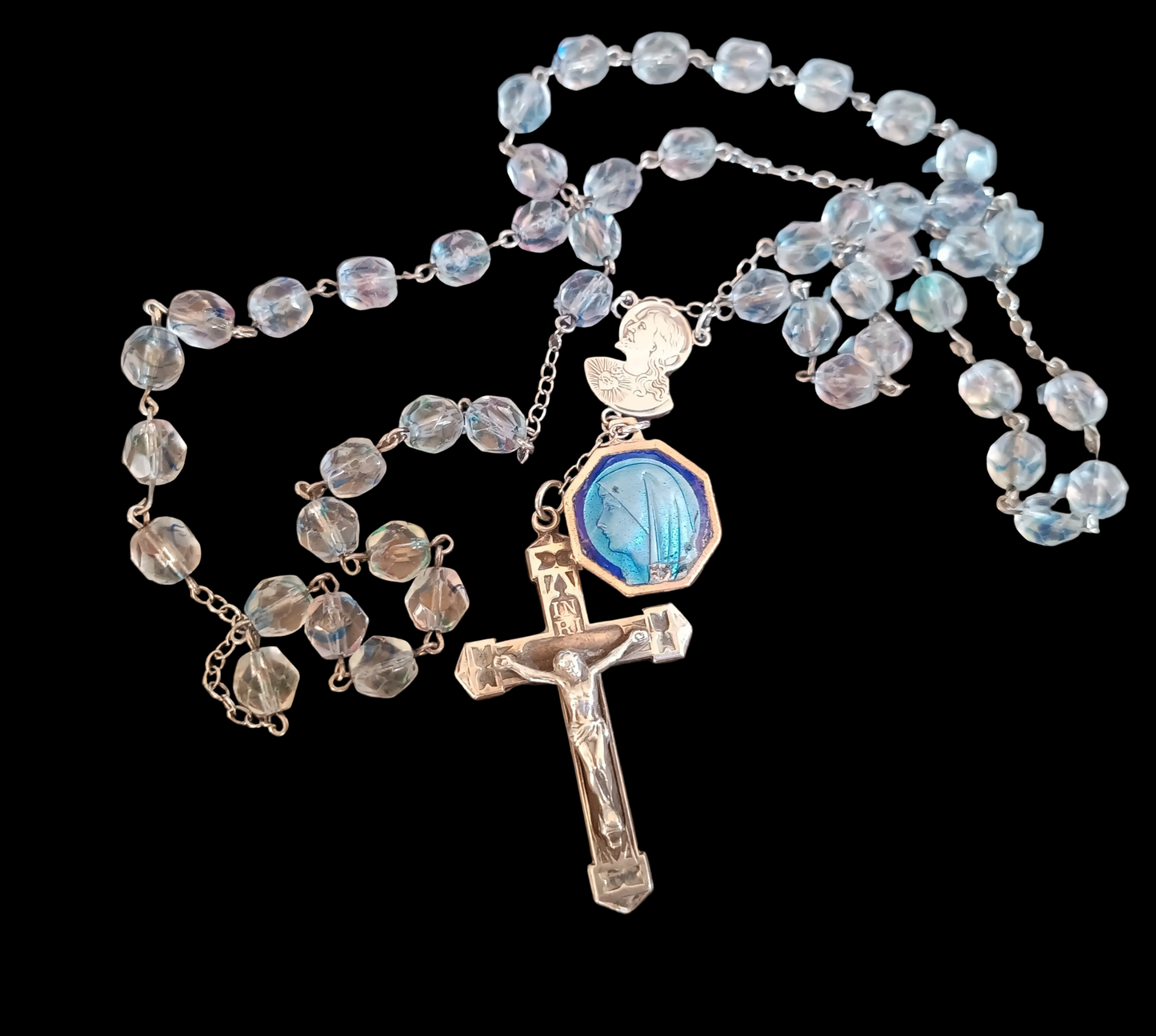 Vintage Sterling Rosary Crucifix: Faceted Iris Glass Beads, Guilloche Reliquary Medal