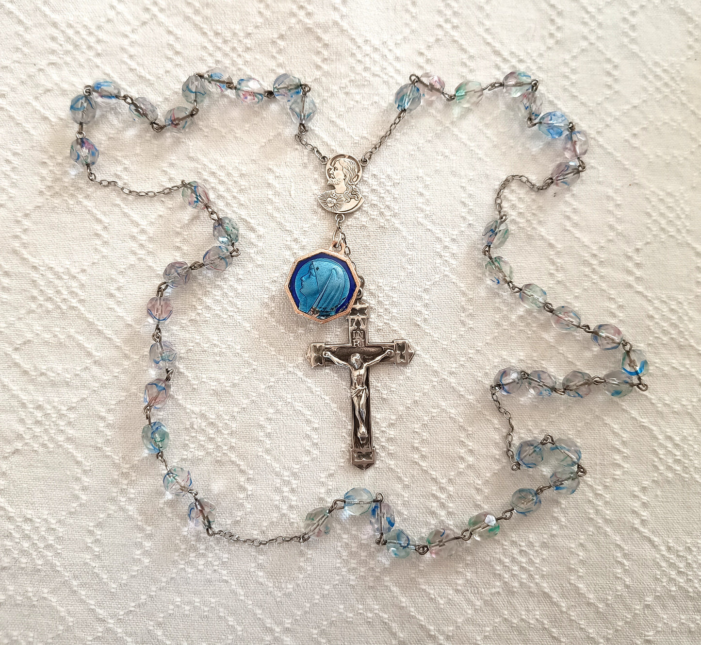 Vintage Sterling Rosary Crucifix: Faceted Iris Glass Beads, Guilloche Reliquary Medal