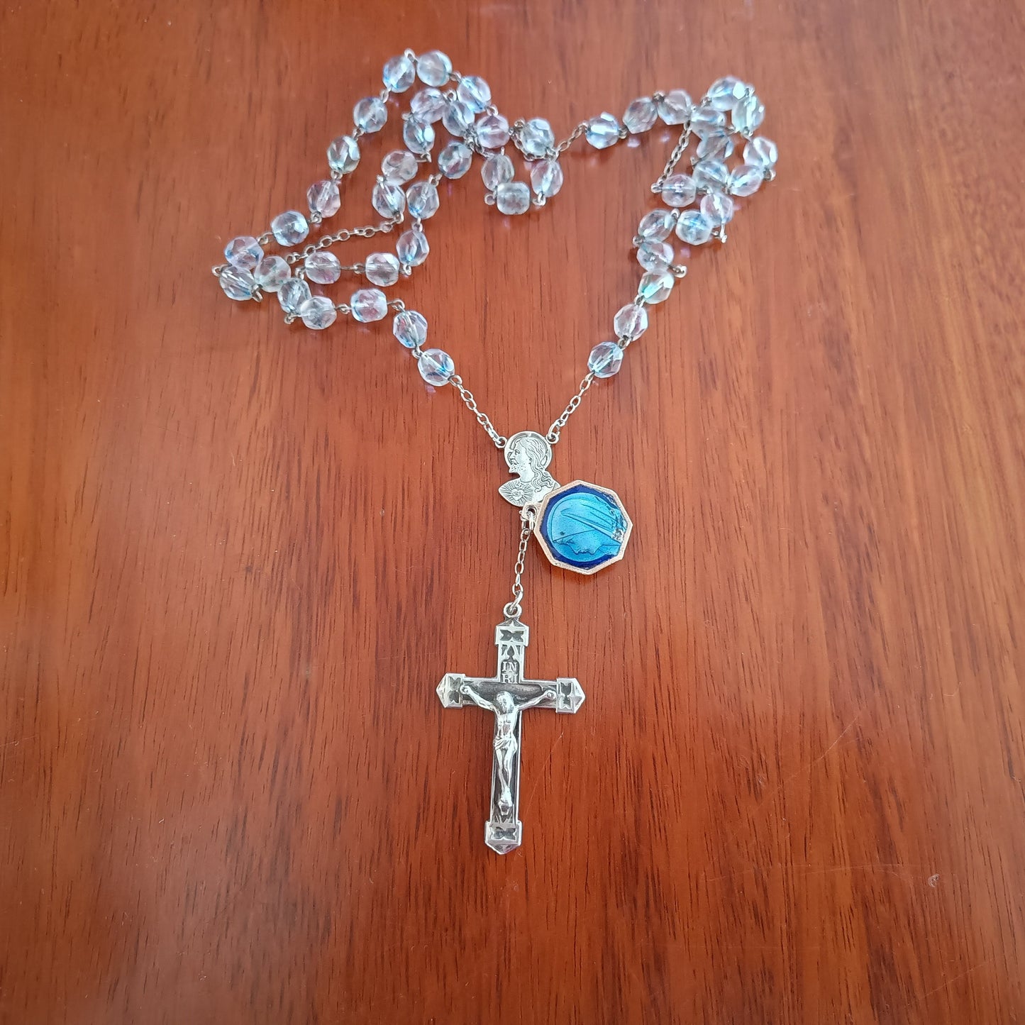 Vintage Sterling Rosary Crucifix: Faceted Iris Glass Beads, Guilloche Reliquary Medal