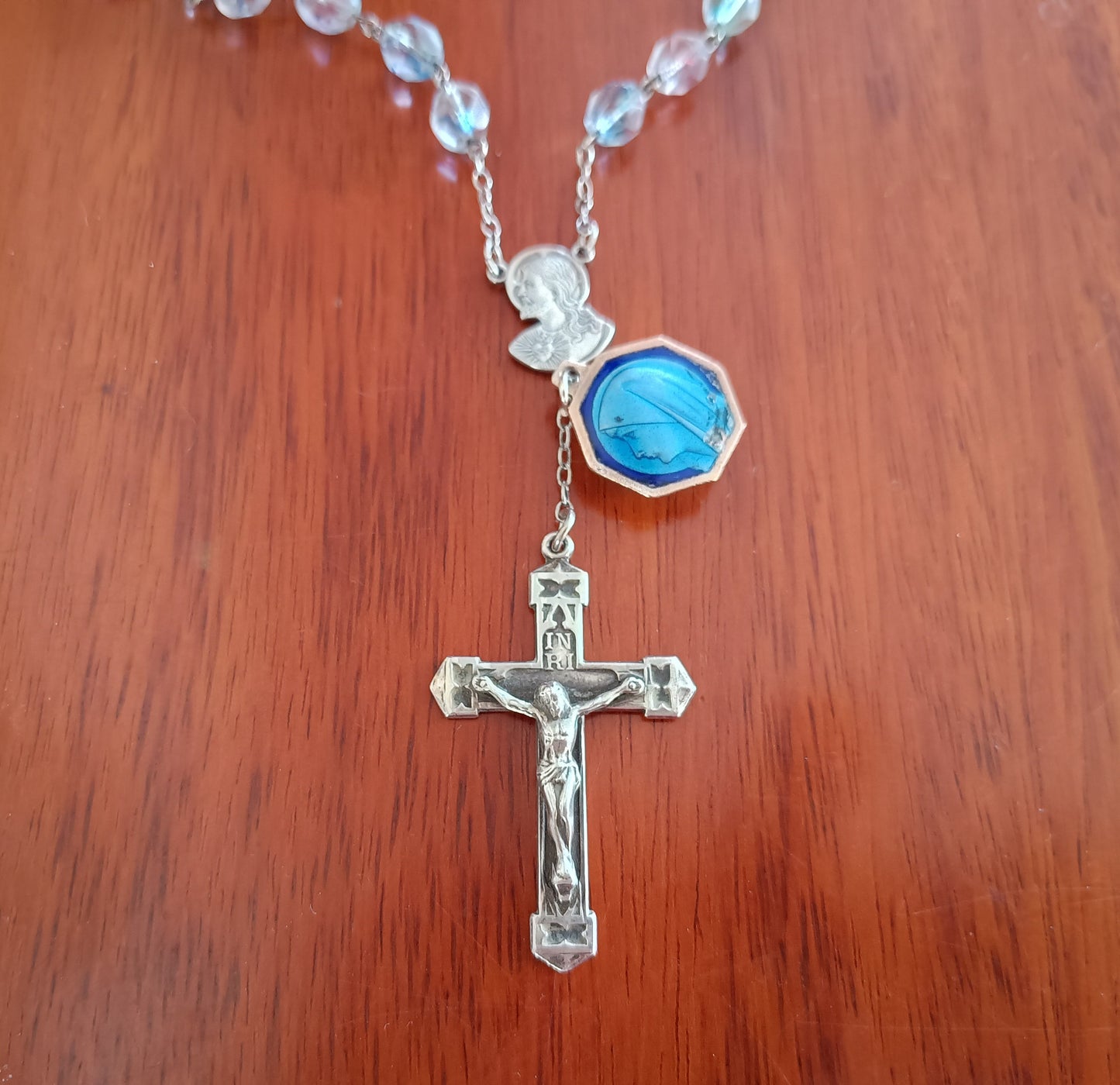Vintage Sterling Rosary Crucifix: Faceted Iris Glass Beads, Guilloche Reliquary Medal