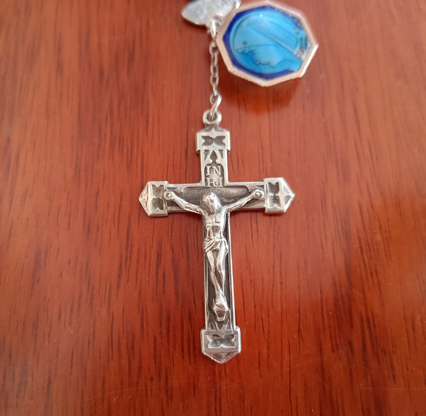 Vintage Sterling Rosary Crucifix: Faceted Iris Glass Beads, Guilloche Reliquary Medal