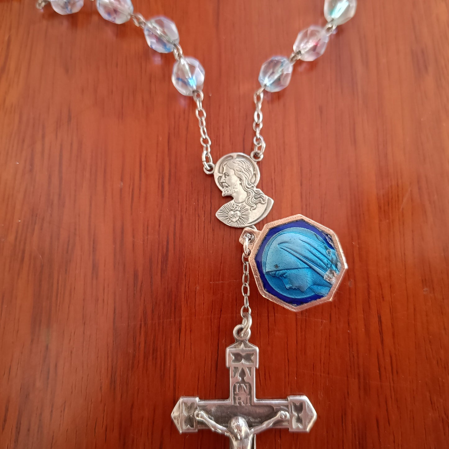 Vintage Sterling Rosary Crucifix: Faceted Iris Glass Beads, Guilloche Reliquary Medal