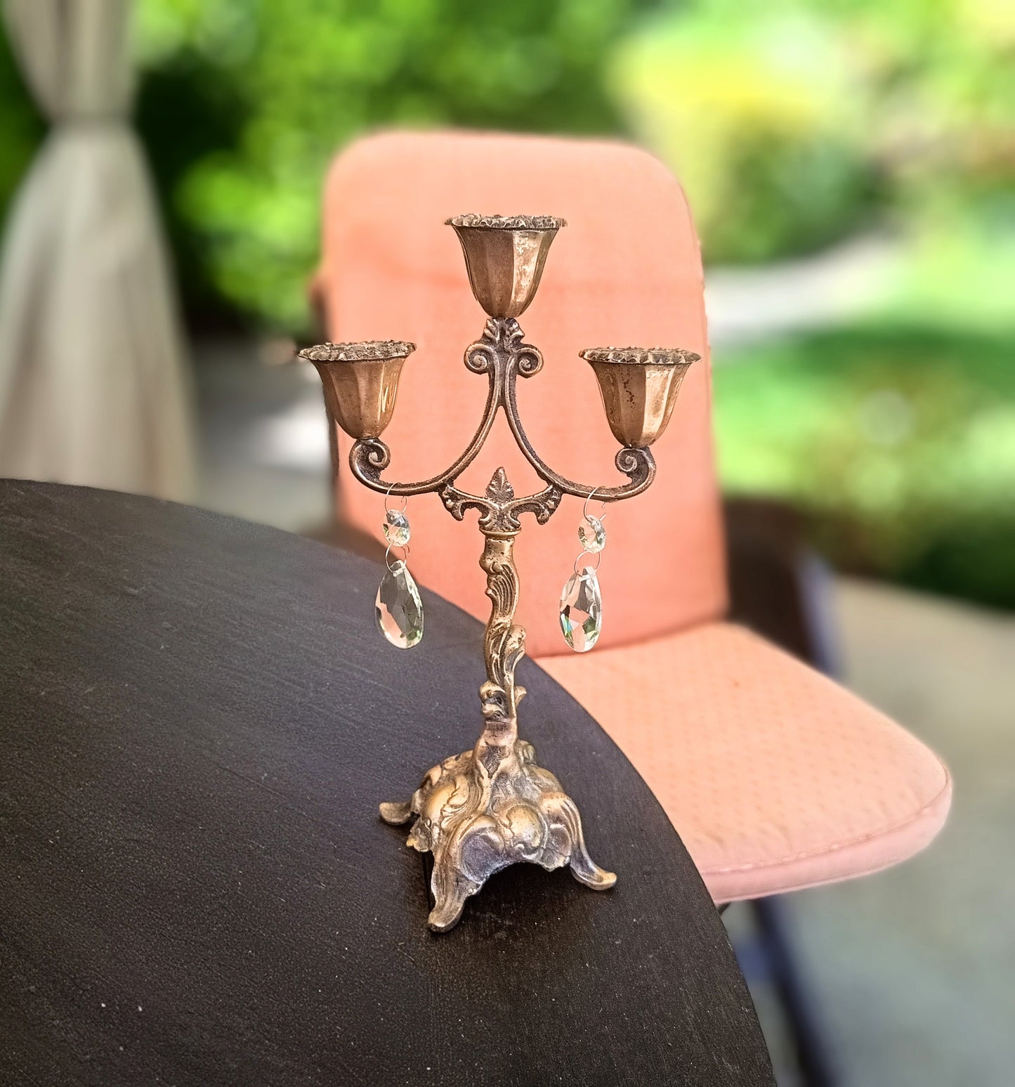 Vintage Art Nouveau 3 Arm Brass Candelabra, Romantic Crystal Prisms, 1900