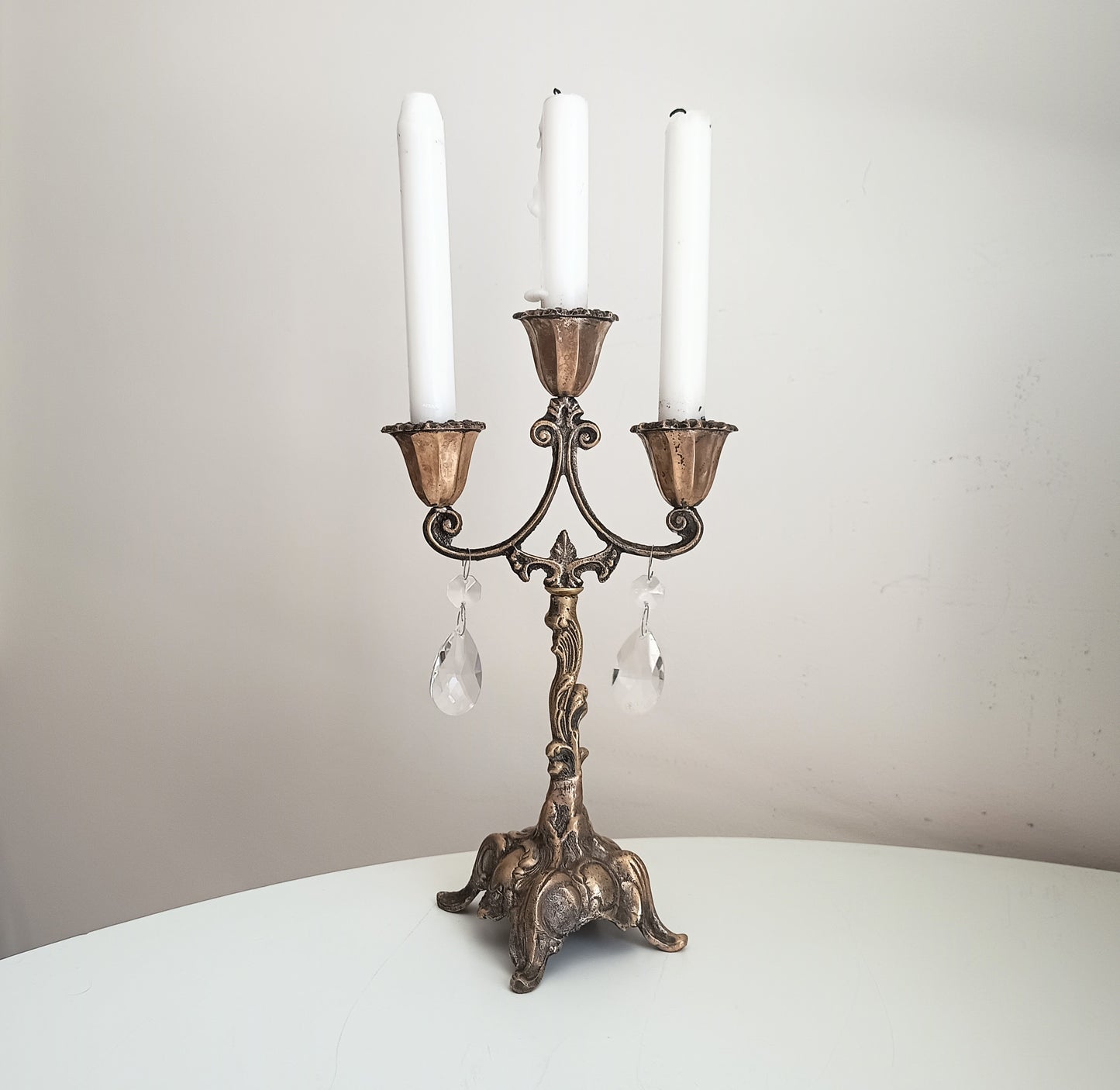 Vintage Art Nouveau 3 Arm Brass Candelabra, Romantic Crystal Prisms, 1900