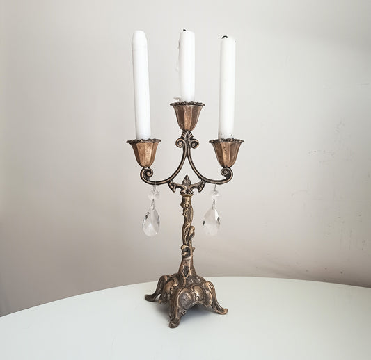 Vintage Art Nouveau 3 Arm Brass Candelabra, Romantic Crystal Prisms, 1900