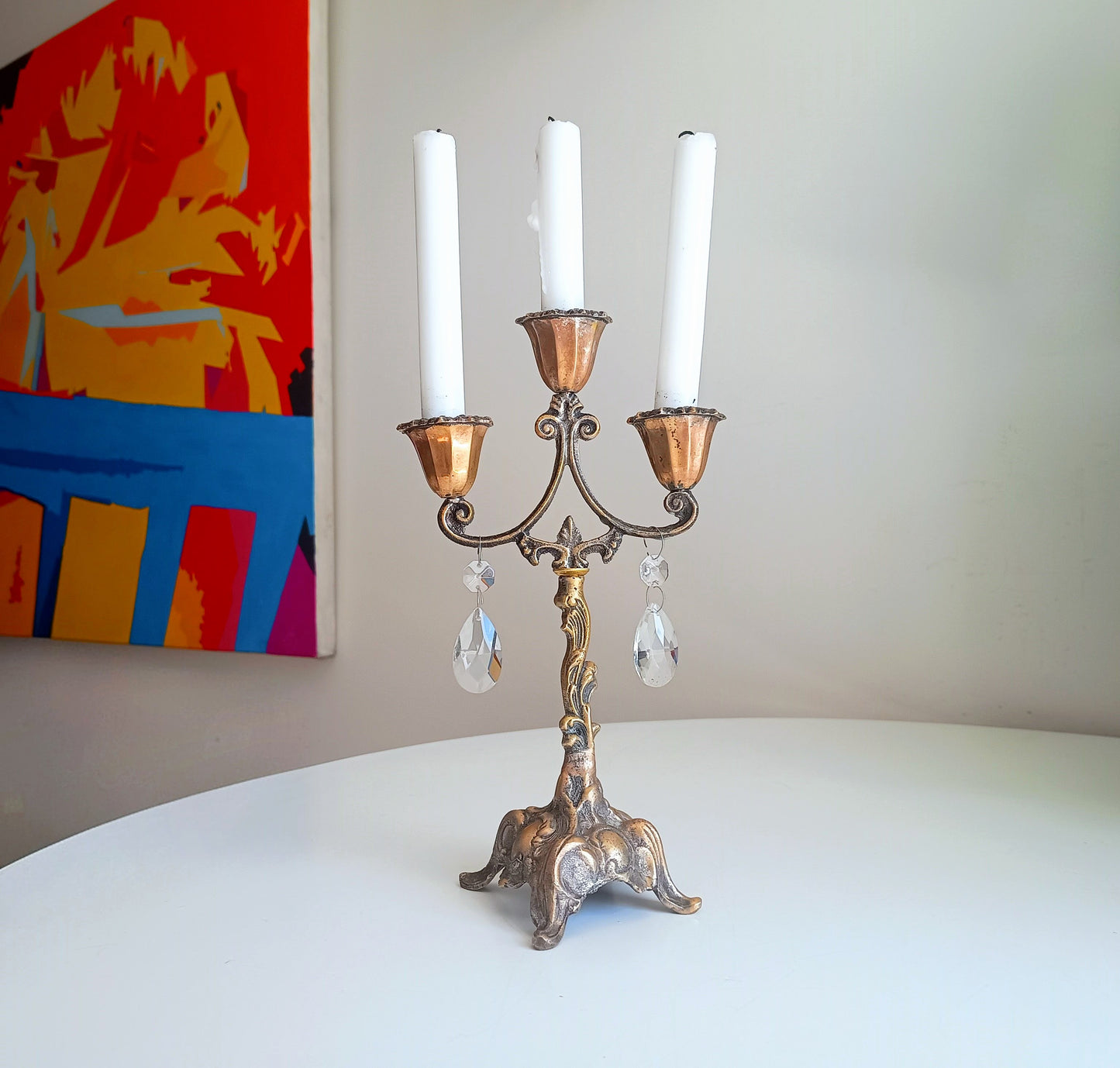 Vintage Art Nouveau 3 Arm Brass Candelabra, Romantic Crystal Prisms, 1900