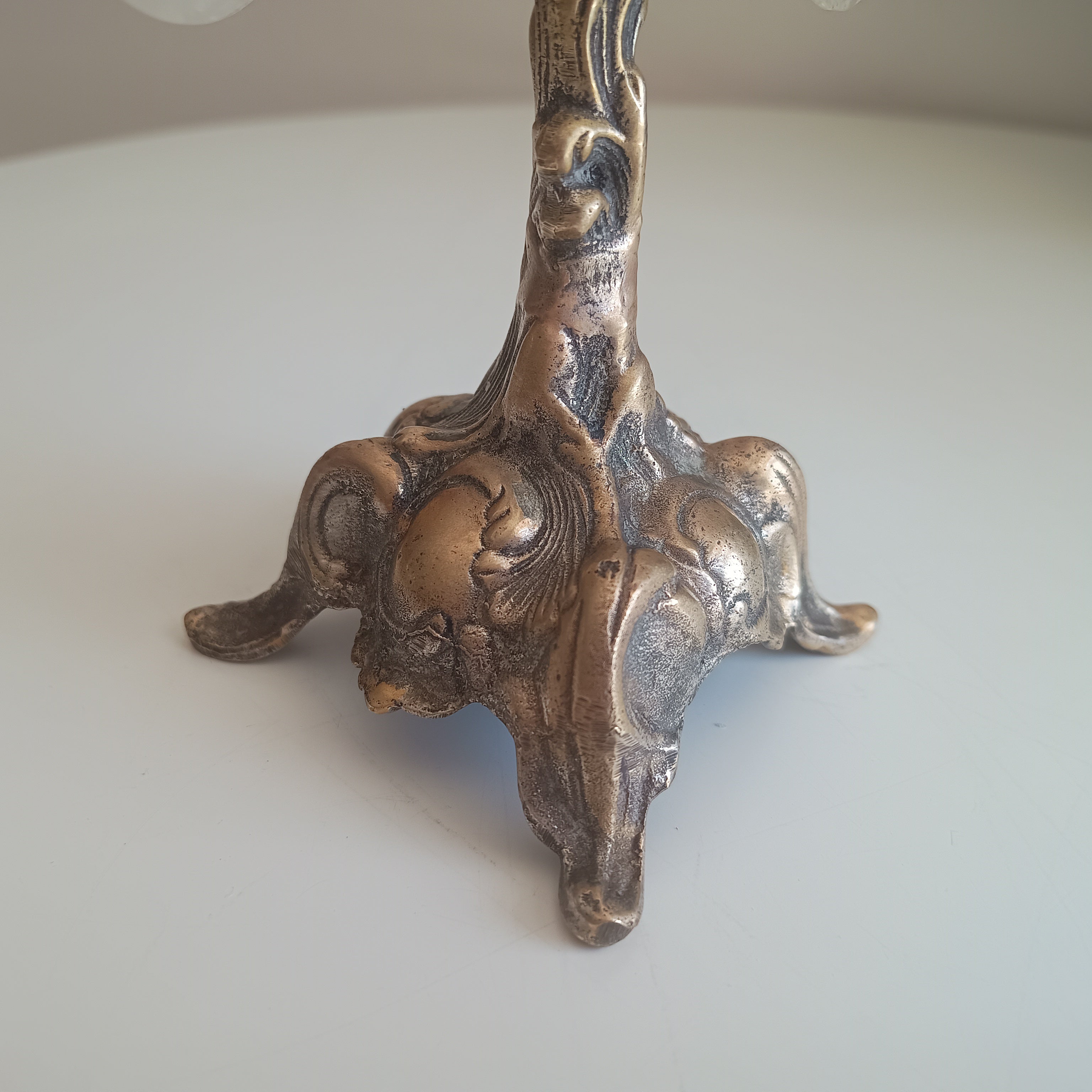Vintage Art Nouveau 3 Arm Brass Candelabra, Romantic Crystal