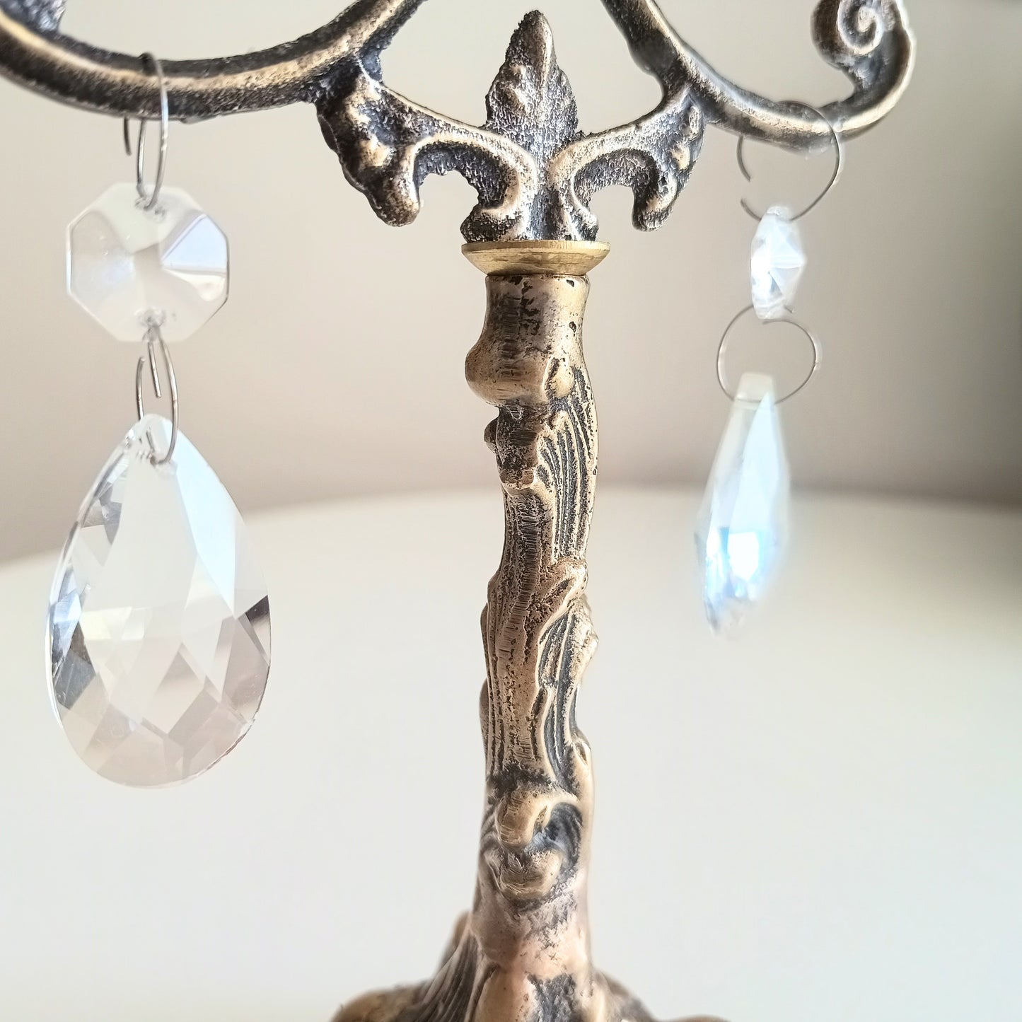 Vintage Art Nouveau 3 Arm Brass Candelabra, Romantic Crystal Prisms, 1900